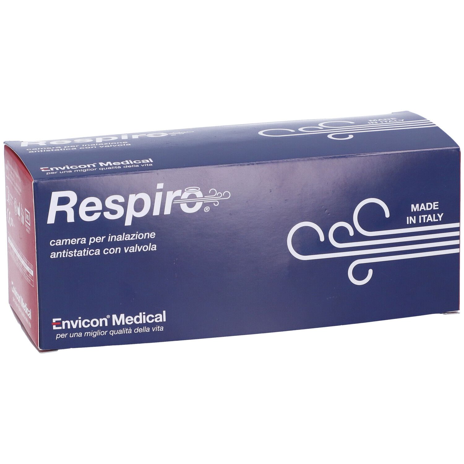 Confezione blu e rossa con nome Respiro e logo del produttore. Testo: camera per inalazione antistatica con valvola.