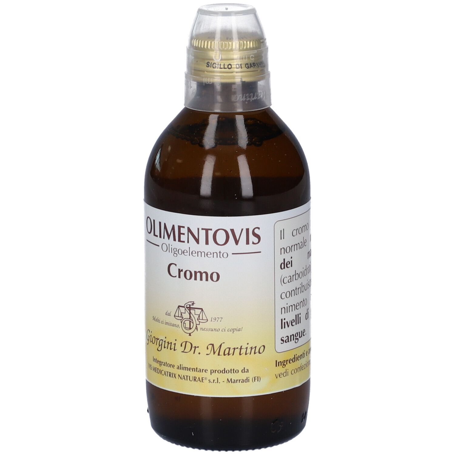Flacone in vetro marrone con tappo a vite. Scritta: Cromo, Olimentovis. Marchio: Giorgini Dr. Martino.