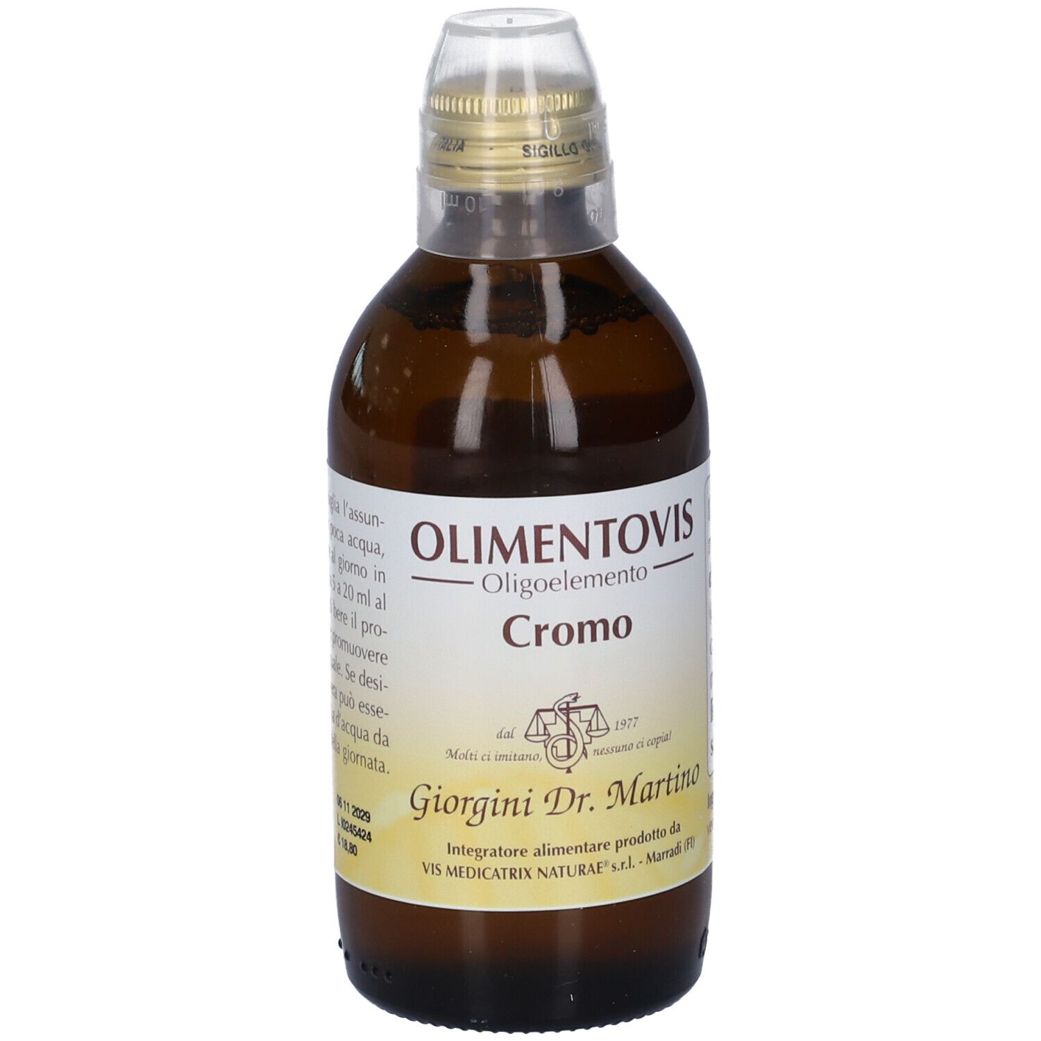 Flacone in vetro marrone con tappo a vite. Scritta: Cromo, Olimentovis. Marchio: Giorgini Dr. Martino.