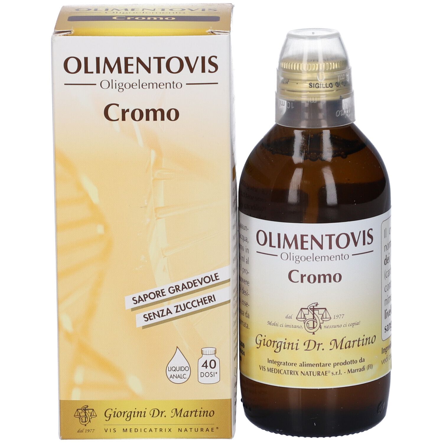 Flacone in vetro marrone e scatola. Scritta: Cromo, Olimentovis. Marchio: Giorgini Dr. Martino. Senza zucchero.