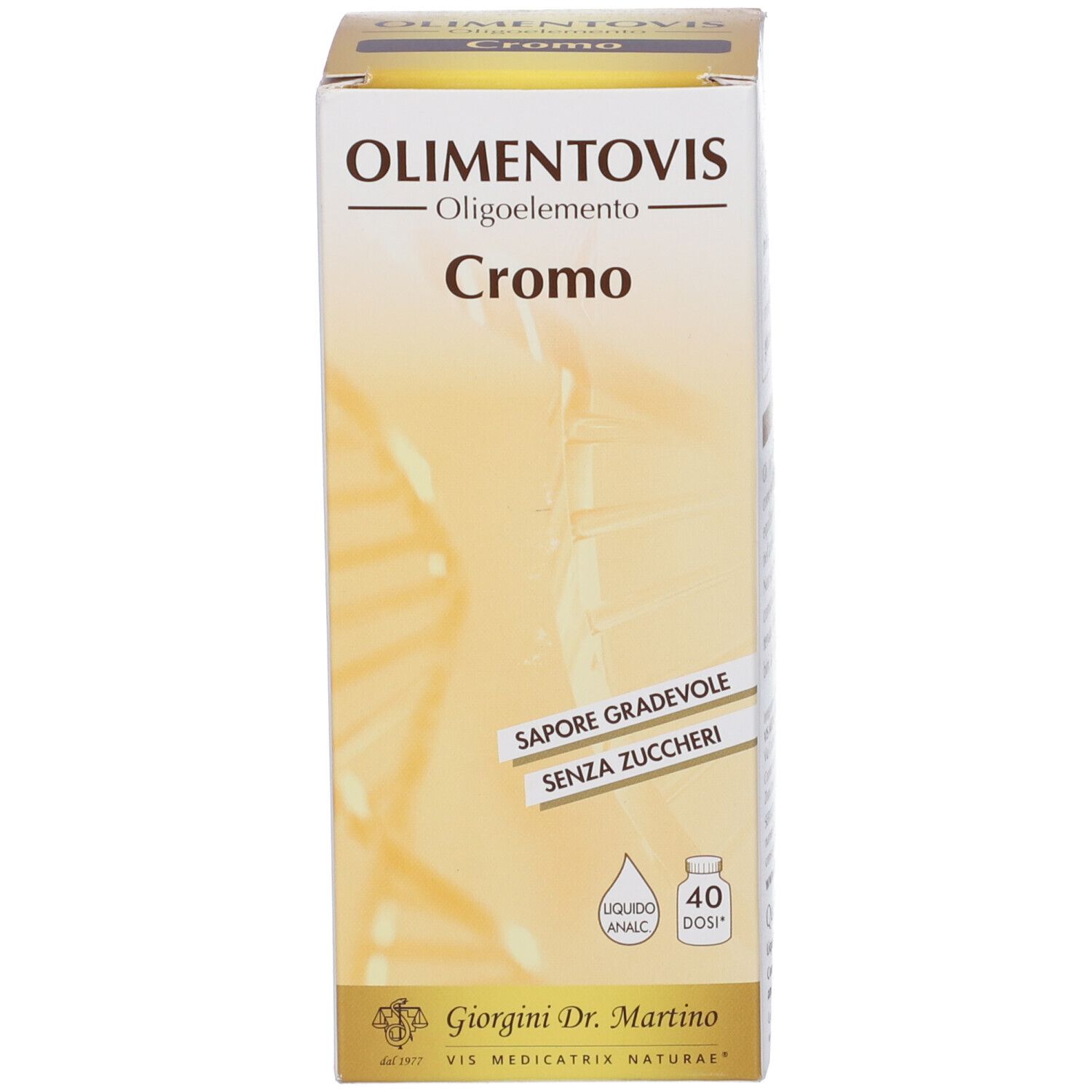 Scatola con scritta: Cromo, Olimentovis. Marchio: Giorgini Dr. Martino. Senza zucchero. 40 dosi.