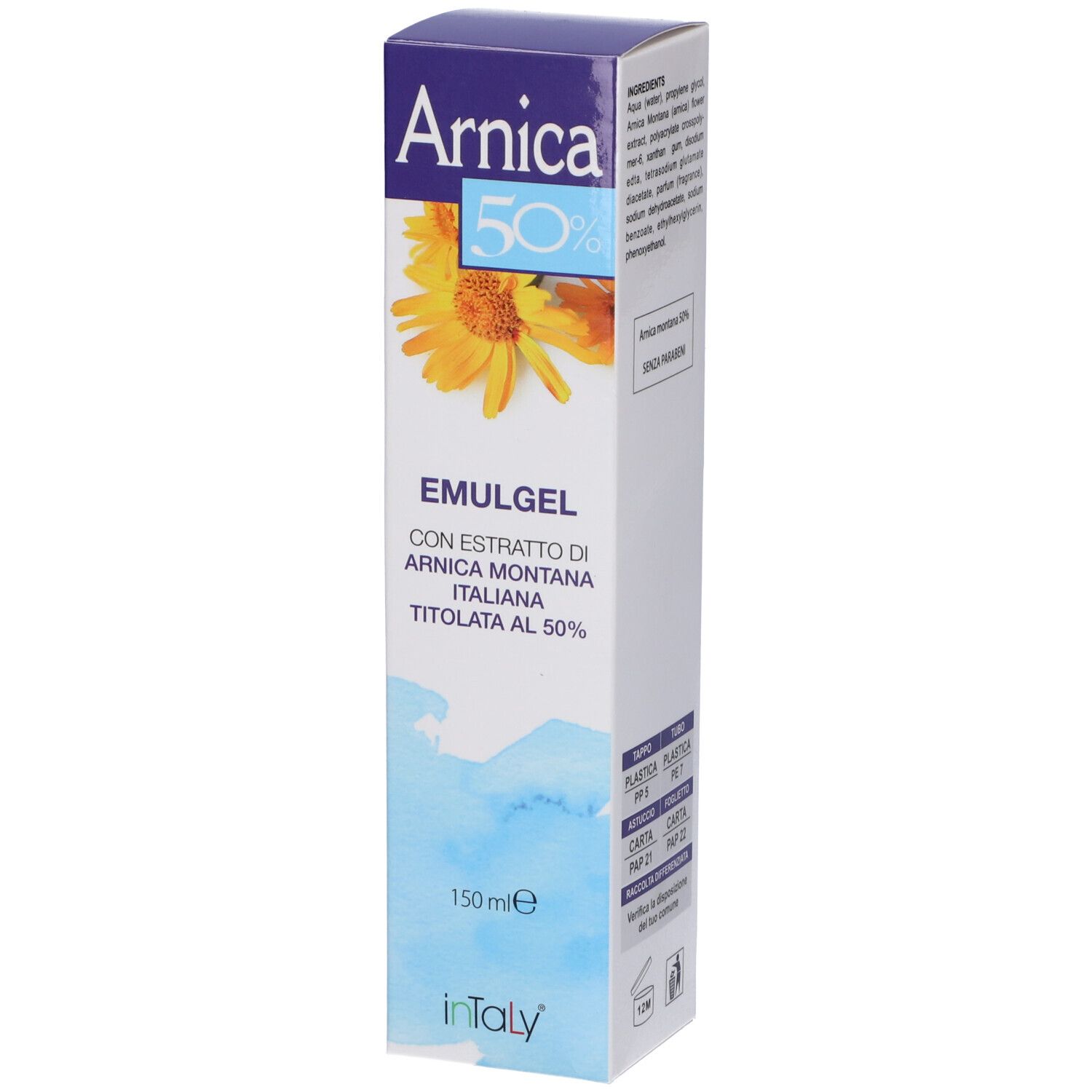 Scatola bianca con nome prodotto e 50%. Fiore giallo e acquerello blu. Testo.