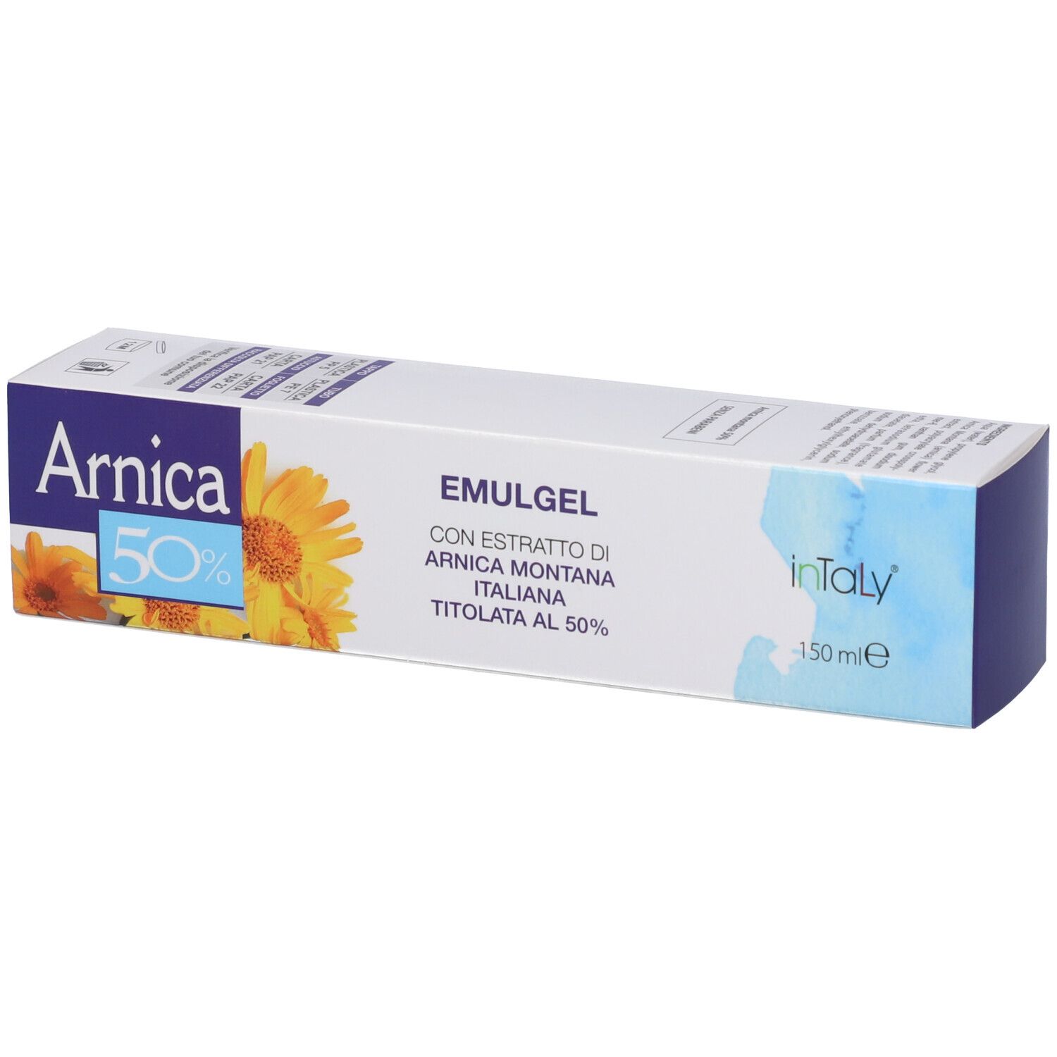 Scatola bianca allungata con nome prodotto, 50%, fiore giallo e illustrazione acquerello blu.