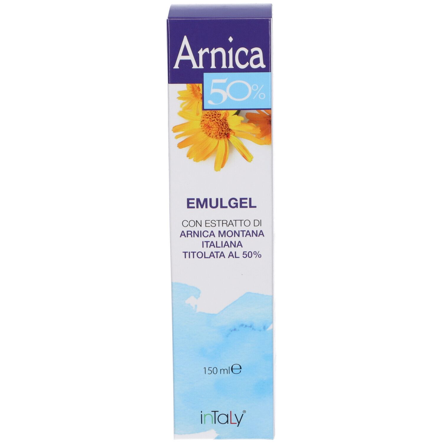 Scatola bianca con nome prodotto, 50%, fiore giallo e illustrazione acquerello blu.
