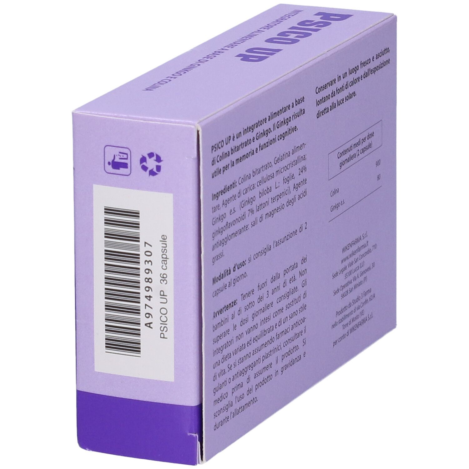 Scatola PSICO UP, viola. Testo: Integratore alimentare a base di Ginkgo e Colina. Codice a barre e data di scadenza. Marca: WIKENFARMA.