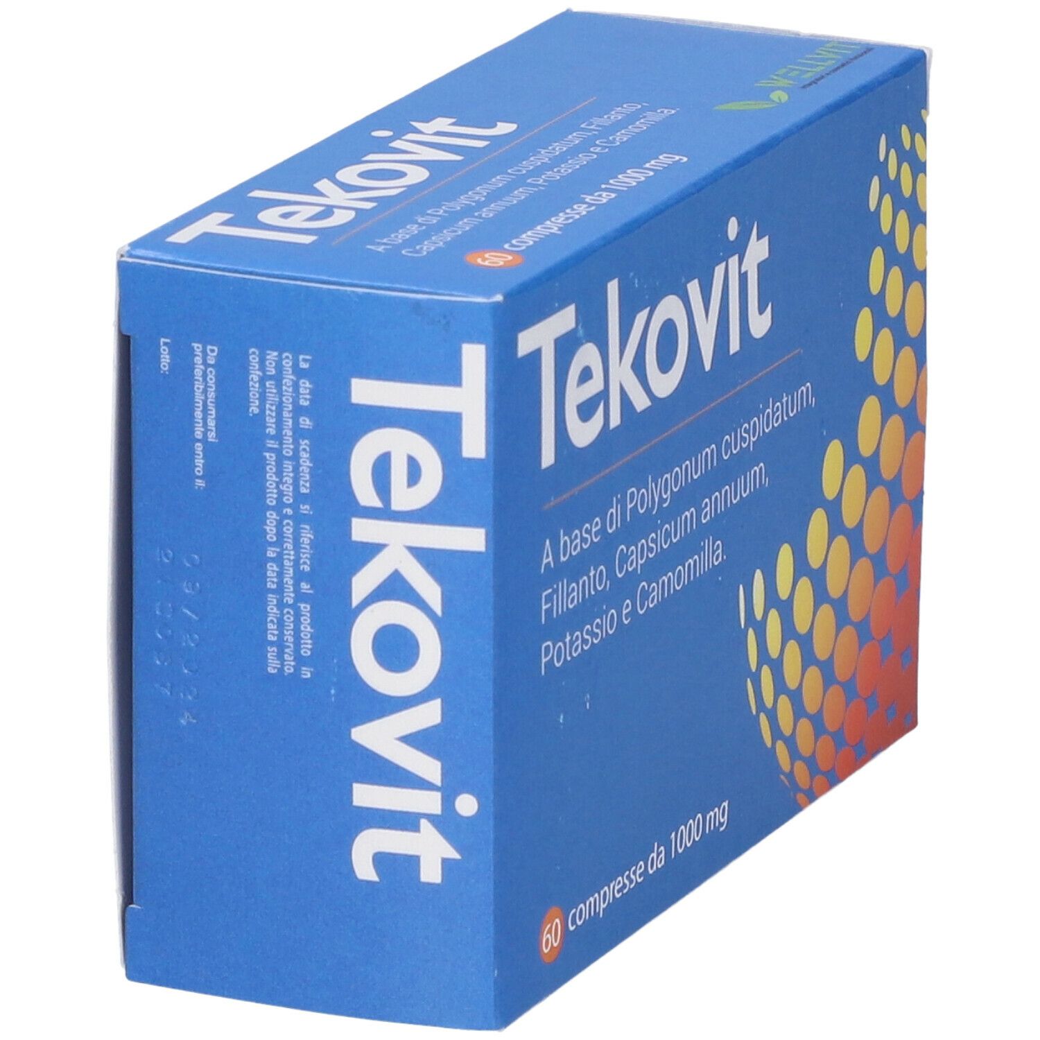 Scatola blu "Tekovit", in diagonale. Scritta: "Tekovit", "A base di..." e ingredienti. 60 compresse.