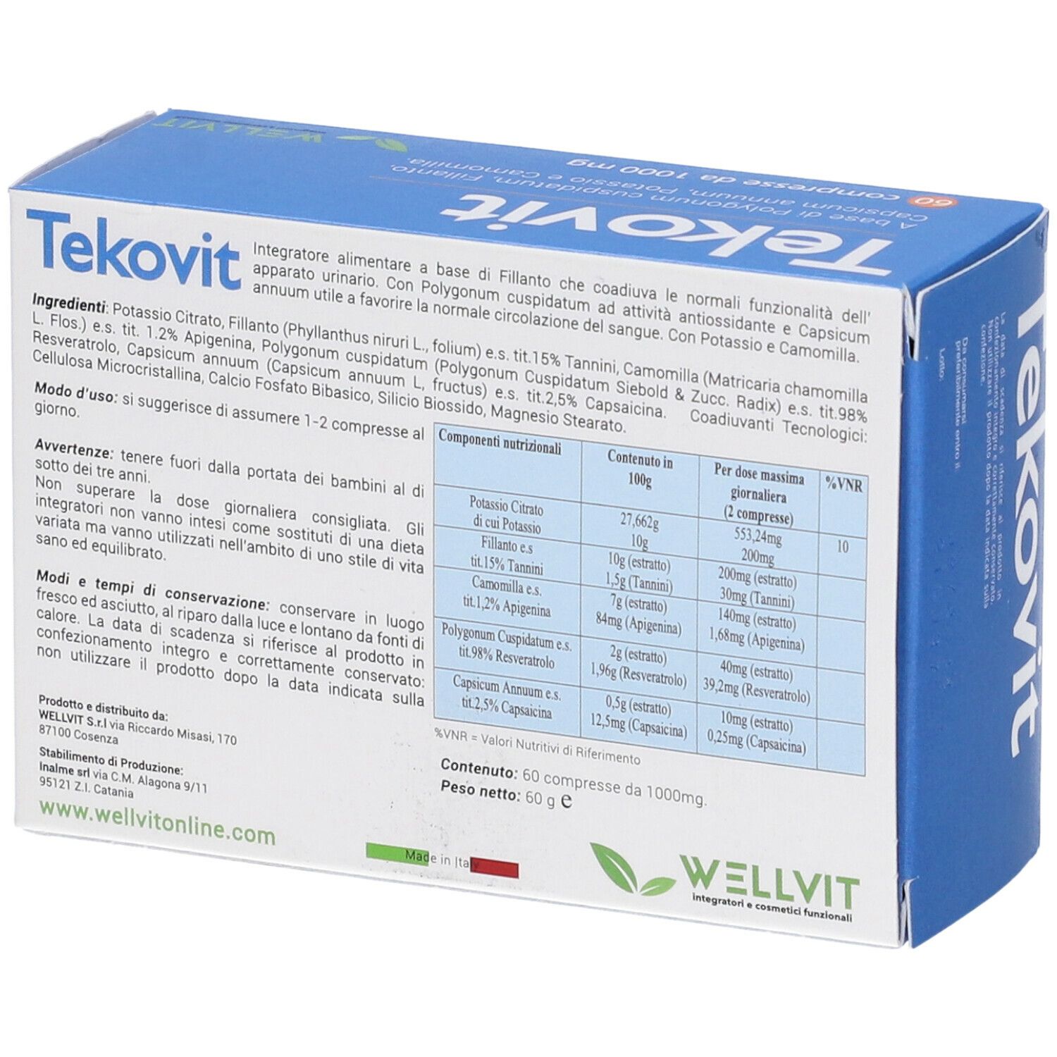 Retro della scatola "Tekovit". Contiene informazioni su ingredienti, dosaggio e produttore.