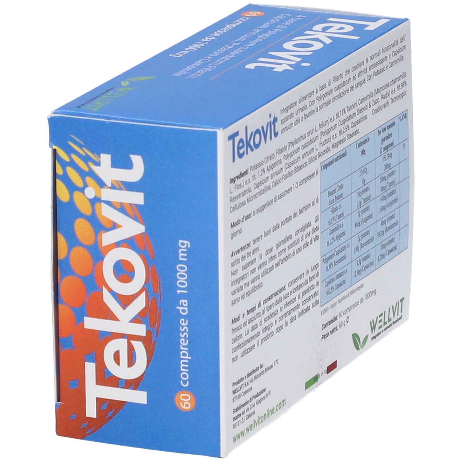 Scatola "Tekovit" in diagonale. Scritta: "Tekovit", ingredienti, dosaggio. 60 compresse.