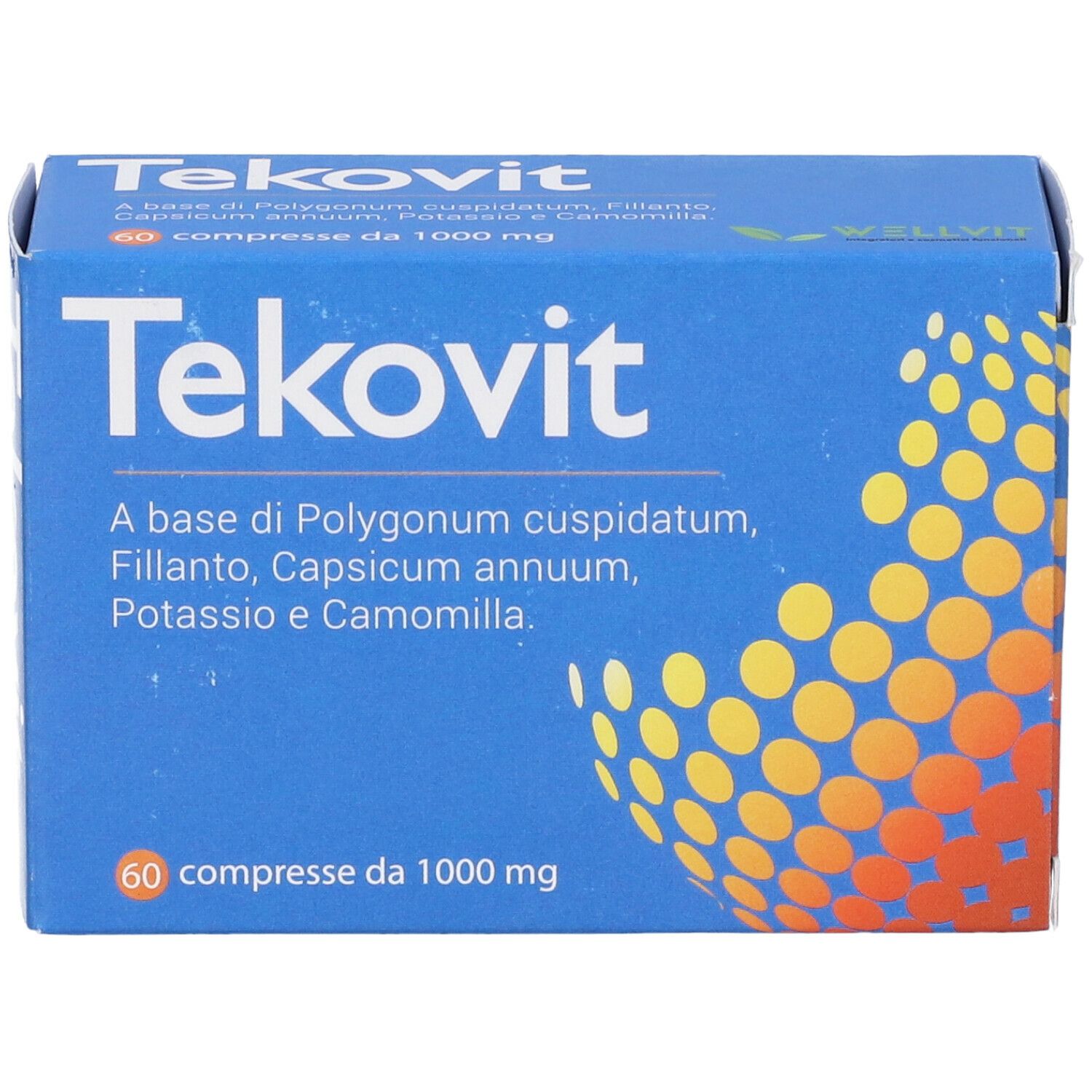 Scatola blu "Tekovit". Scritta: "Tekovit", ingredienti, 60 compresse. Motivo giallo-arancio.