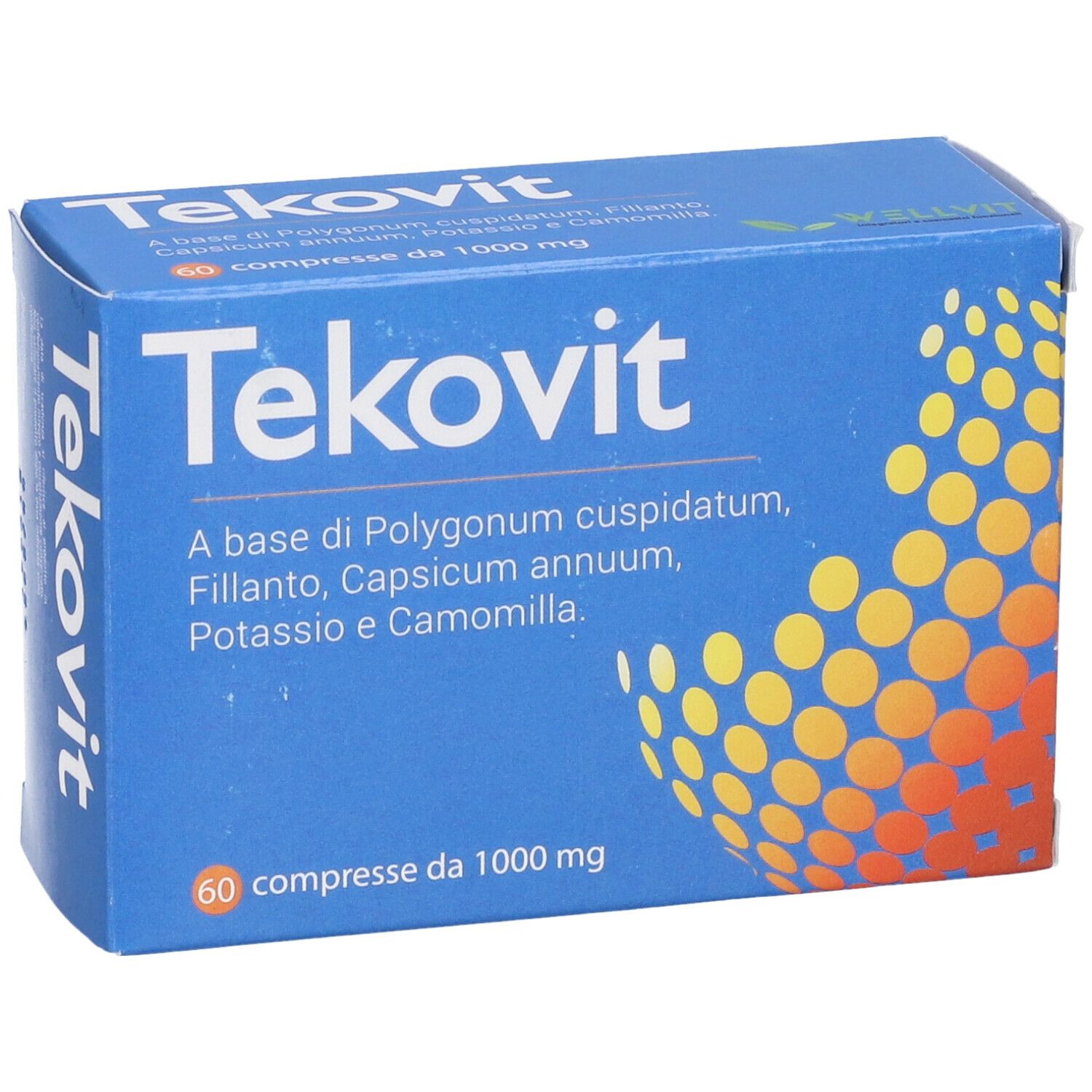 Scatola blu "Tekovit". Scritta: "Tekovit", ingredienti, 60 compresse. Motivo giallo-arancio.