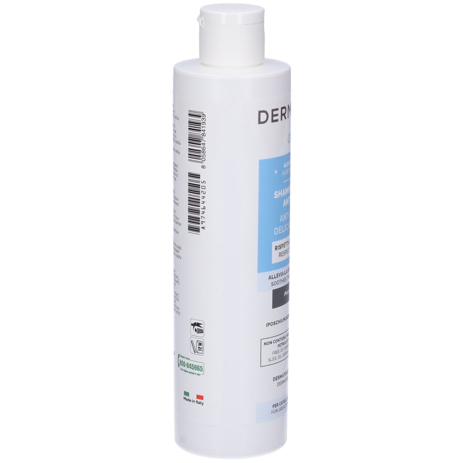 Retro di un flacone di shampoo bianco. Codice a barre e testo. Nome del prodotto e marchio non visibili.