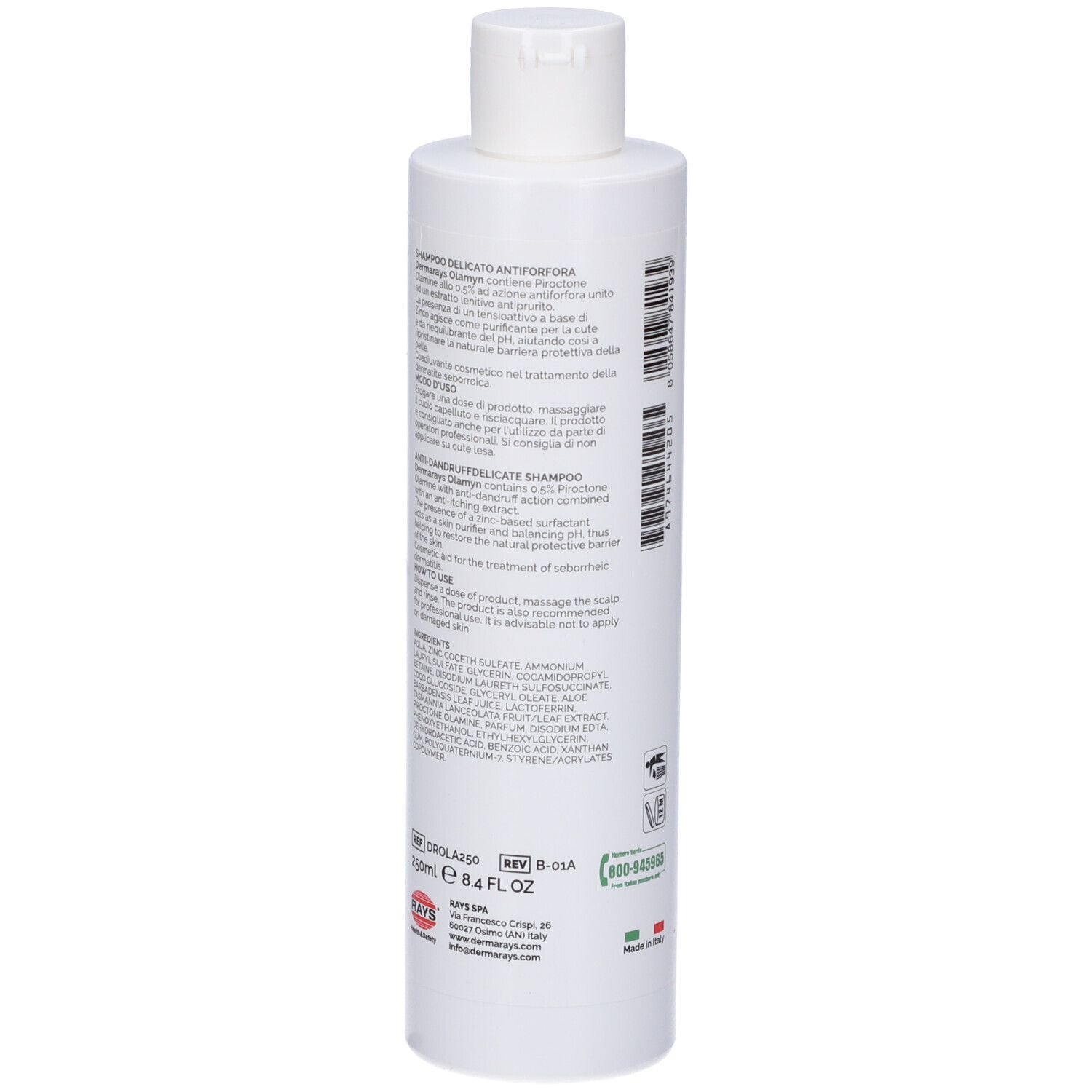 Retro di un flacone di shampoo bianco. Testo e informazioni. Nome del prodotto e marchio non visibili.