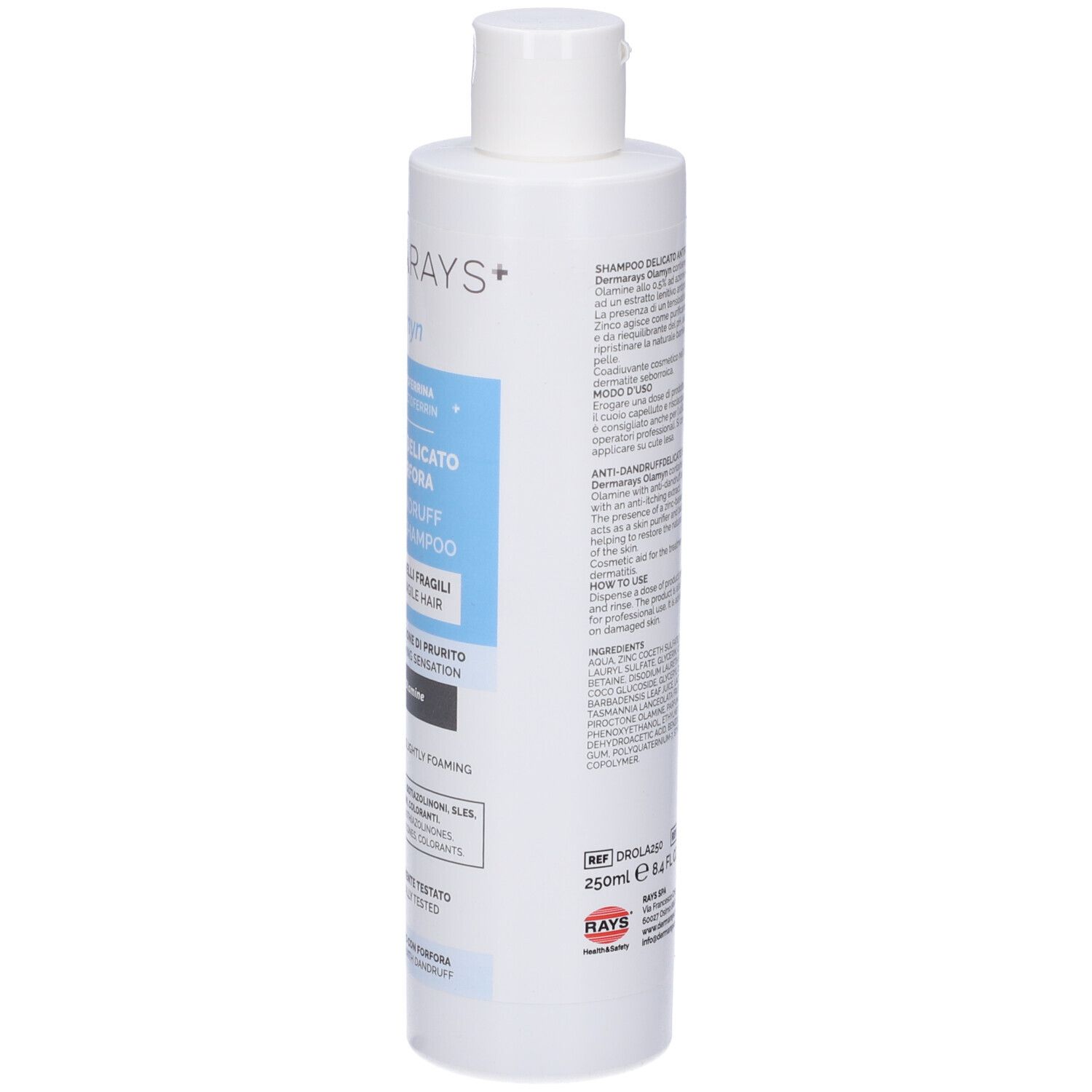 Flacone di shampoo bianco, leggermente inclinato. Nome del prodotto e marchio parzialmente visibili.