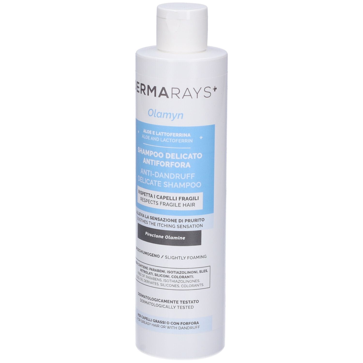 Flacone di shampoo bianco. Scritte: DermaRays+, Olamyn, Shampoo Delicato Antiforfora. Etichetta blu.