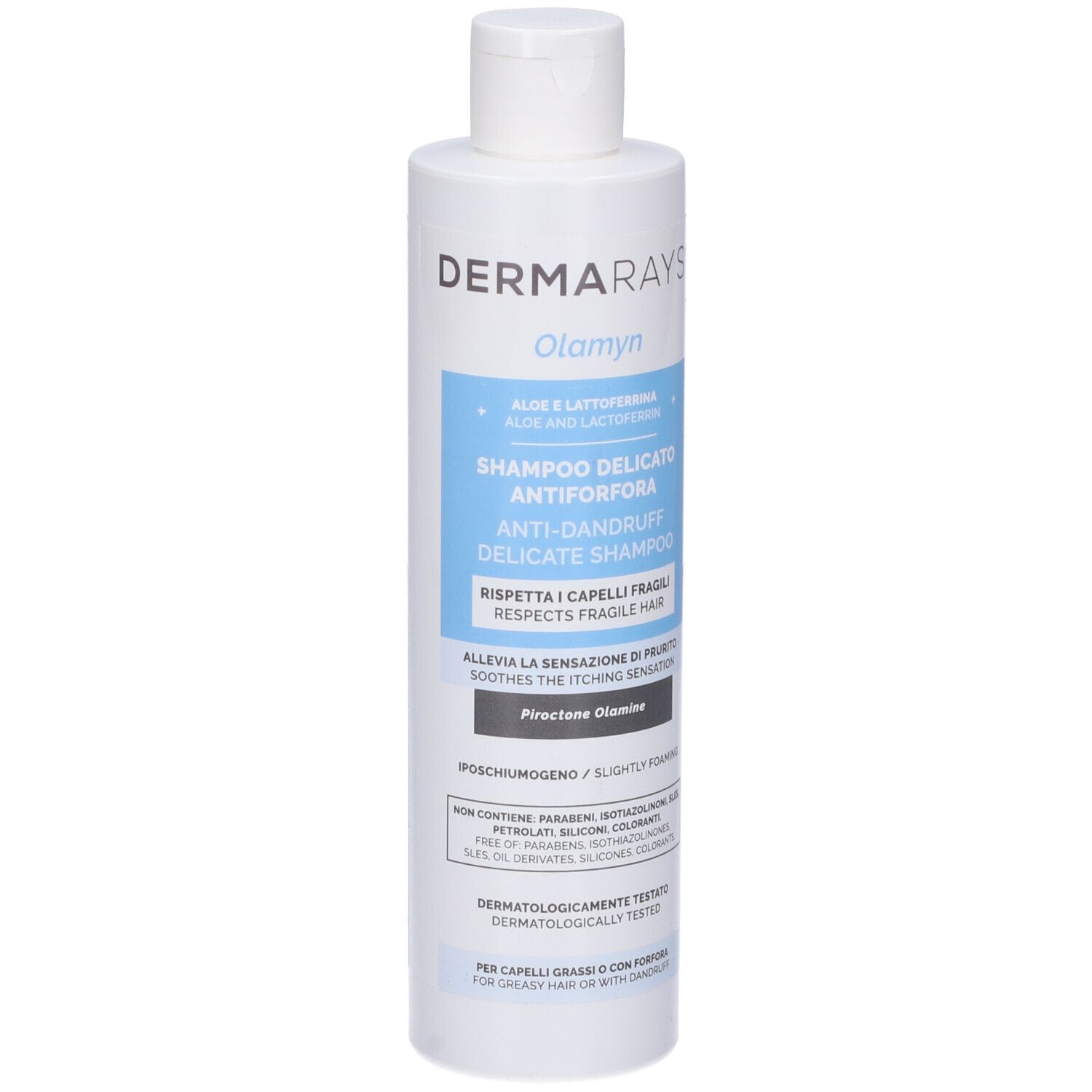 Flacone di shampoo bianco. Scritte: DermaRays+, Olamyn, Shampoo Delicato Antiforfora. Etichetta blu.