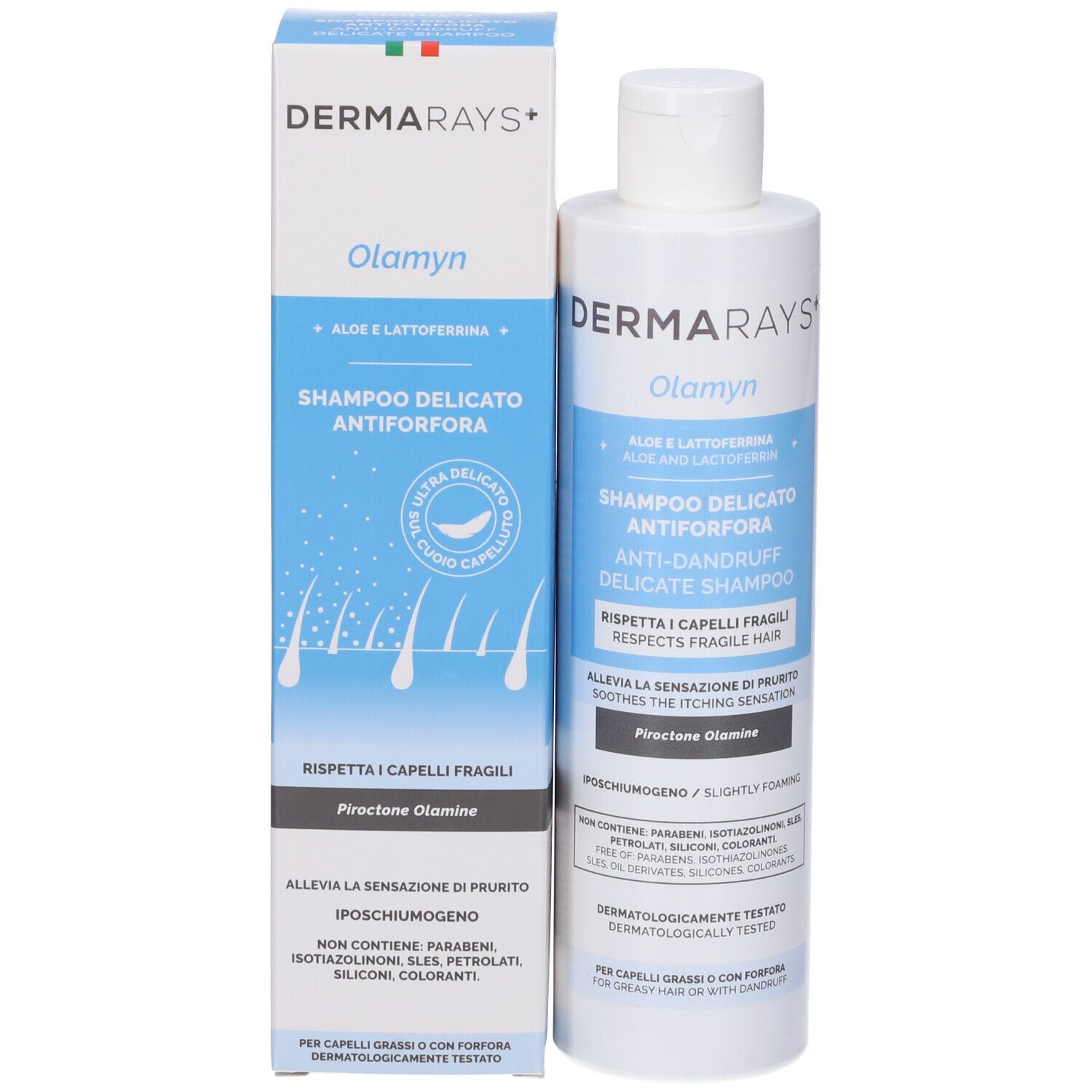 Flacone di shampoo e scatola. Scritte: DermaRays+, Olamyn, Shampoo Delicato Antiforfora. Etichetta blu.