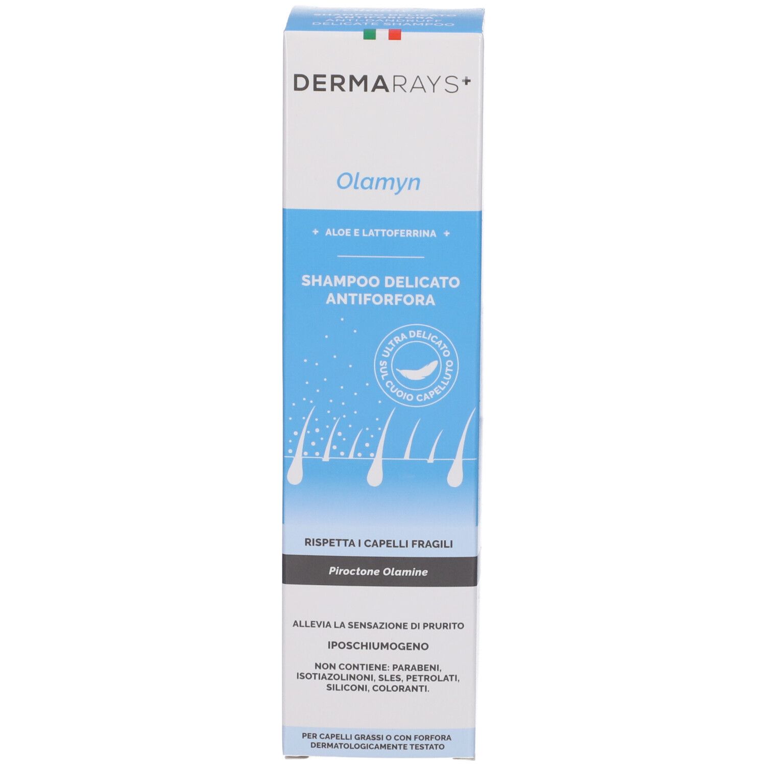 Scatola con informazioni sullo shampoo. Scritte: DermaRays+, Olamyn, Shampoo Delicato Antiforfora. Etichetta blu.