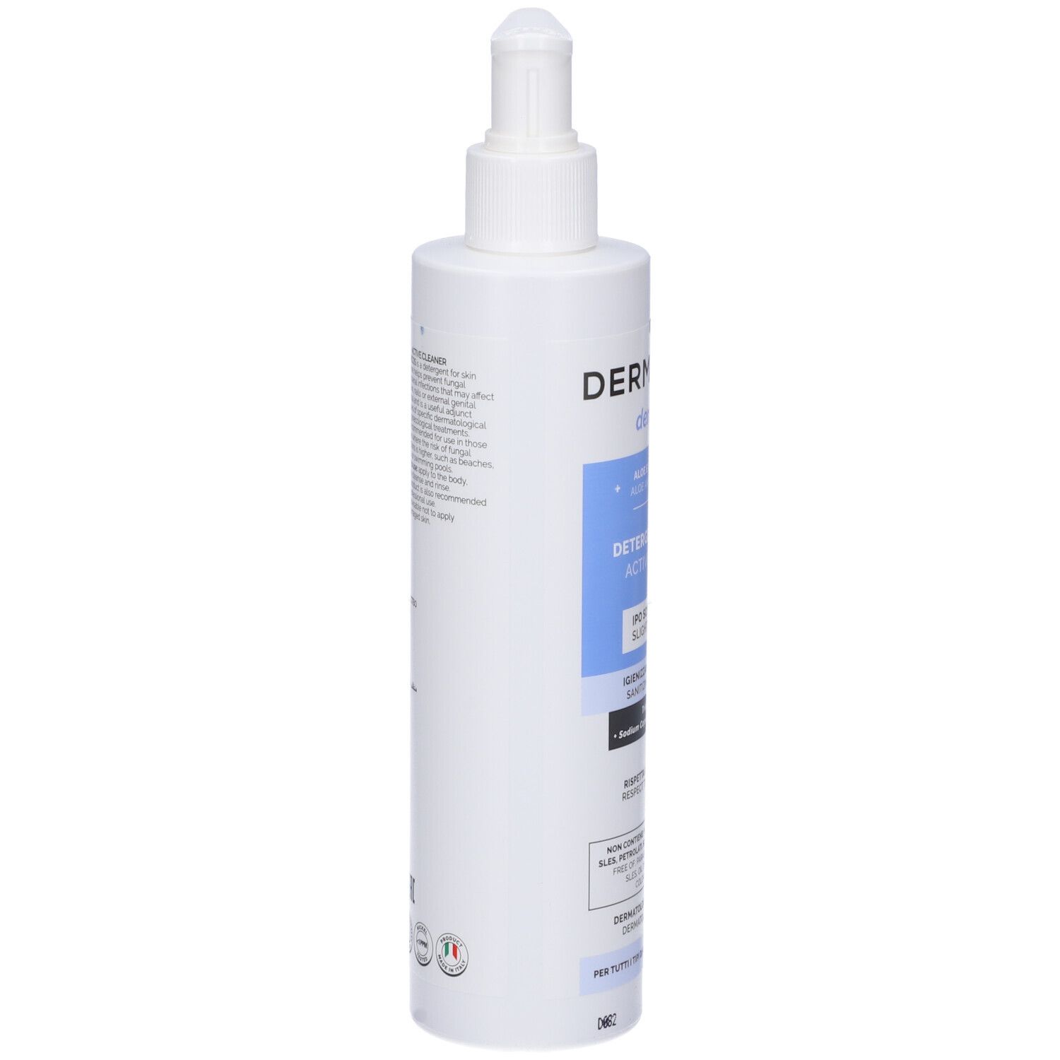 Flacone bianco con dosatore. Scritta: Dermicos Detergente Attivo. Retro con informazioni e certificazioni.