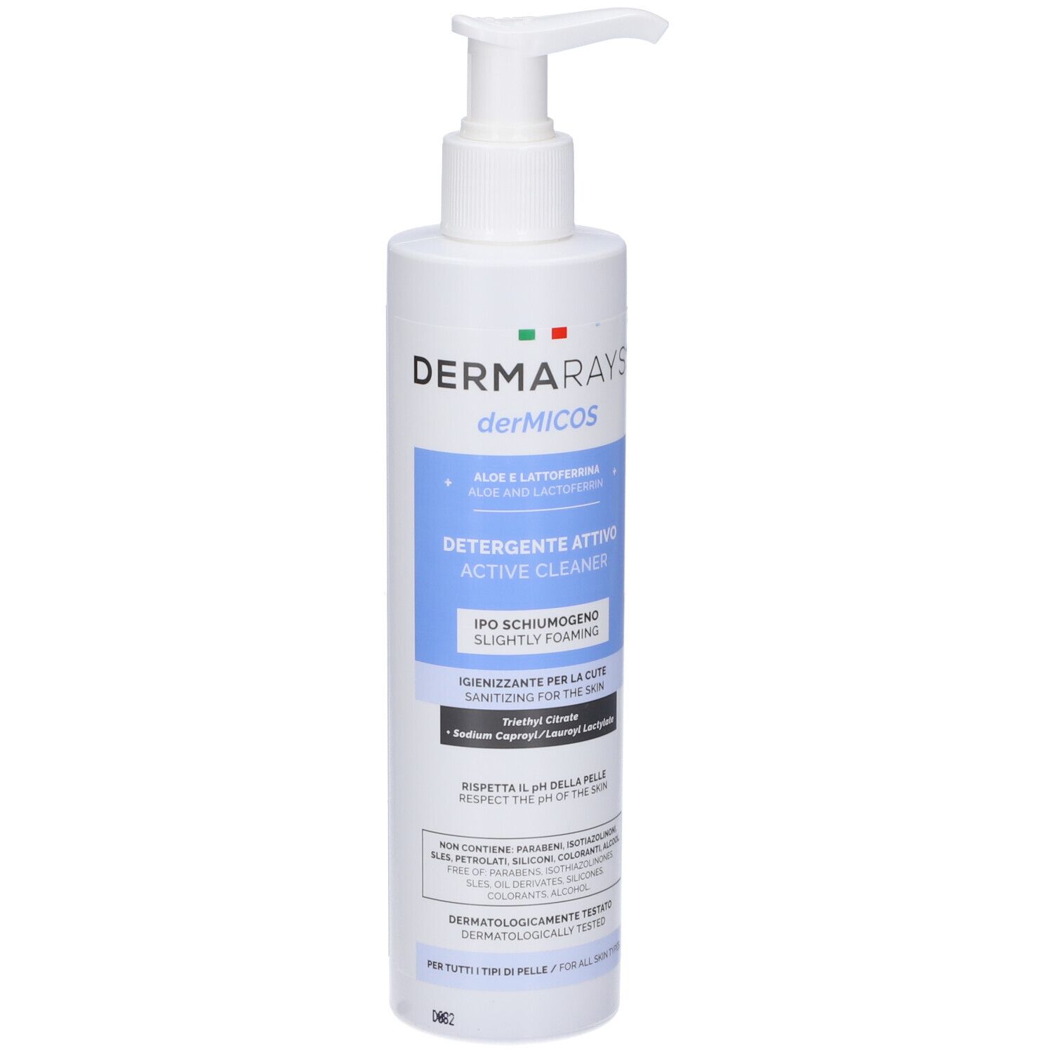 Flacone bianco con dosatore. Scritta: Dermicos Detergente Attivo. Contiene aloe e lattoferrina. Per tutti i tipi di pelle.