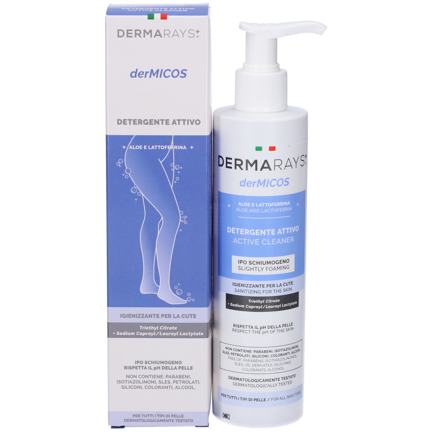 Confezione e flacone. Scritta: Dermicos Detergente Attivo. Contiene aloe e lattoferrina. Per tutti i tipi di pelle.