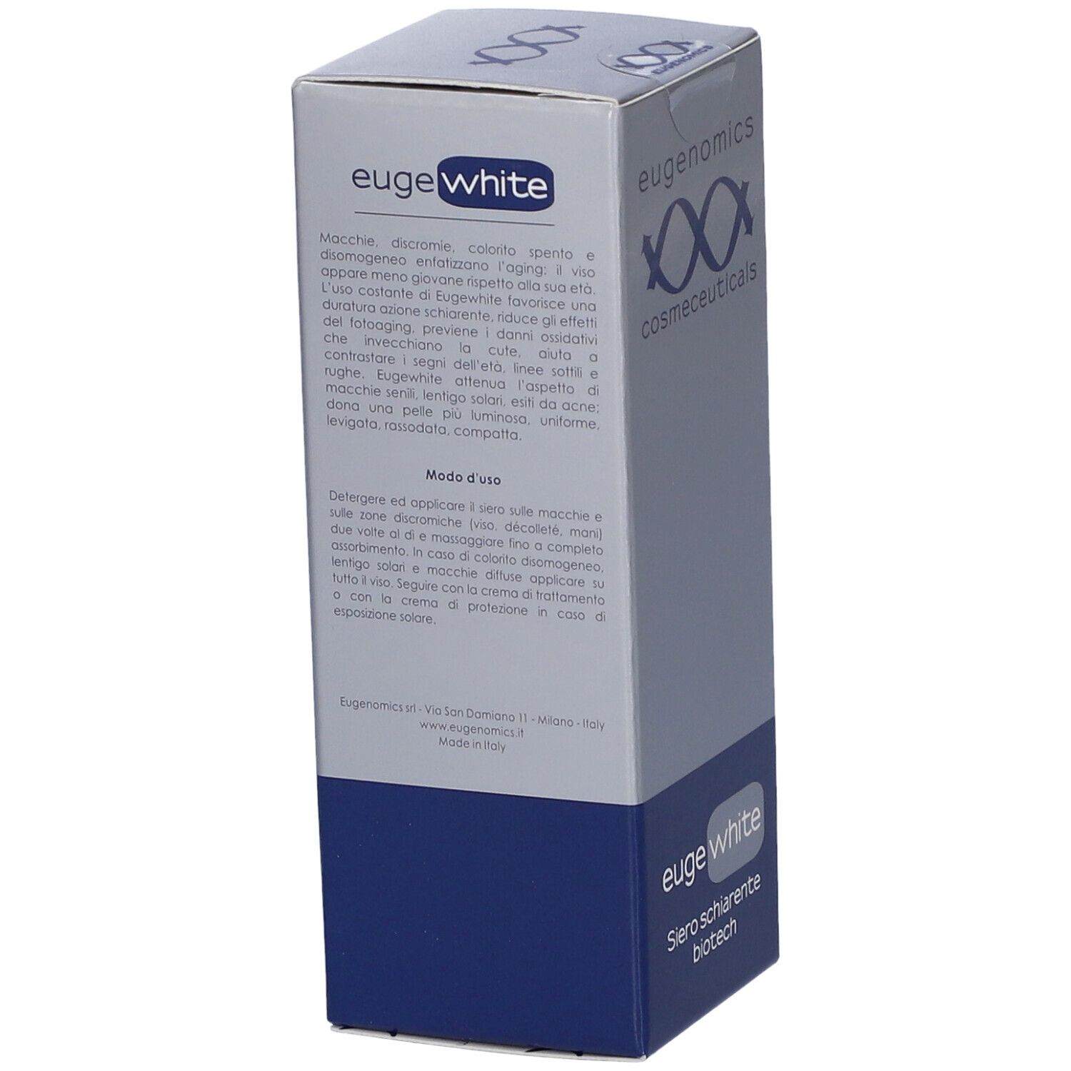 Retro della confezione di Eugenomics Eugewhite Siero. Testo sull'uso e sugli ingredienti. Marchio e nome del prodotto visibili.