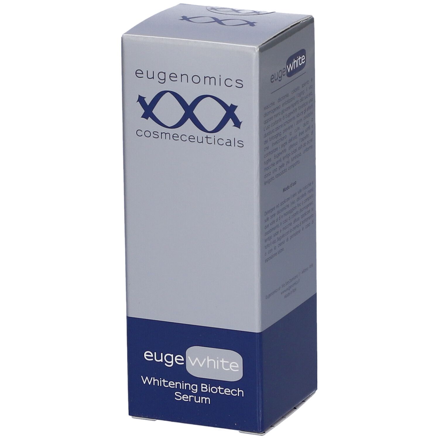 Scatola di Eugenomics Eugewhite Siero. Scritte: Eugenomics, cosmeceuticals, Eugewhite, Whitening Biotech Serum.