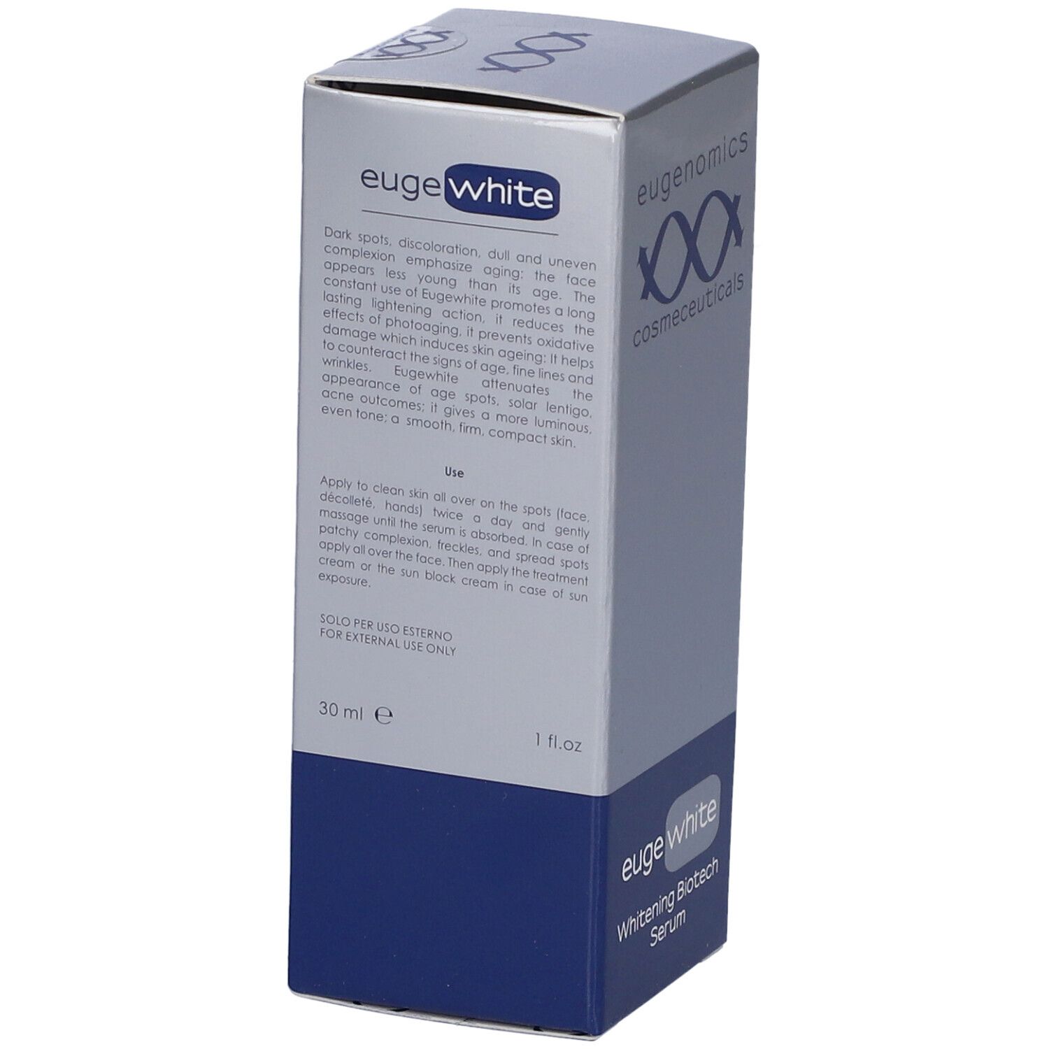 Confezione di Eugenomics Eugewhite Siero. Testo sull'uso e sugli ingredienti. Marchio e nome del prodotto visibili.