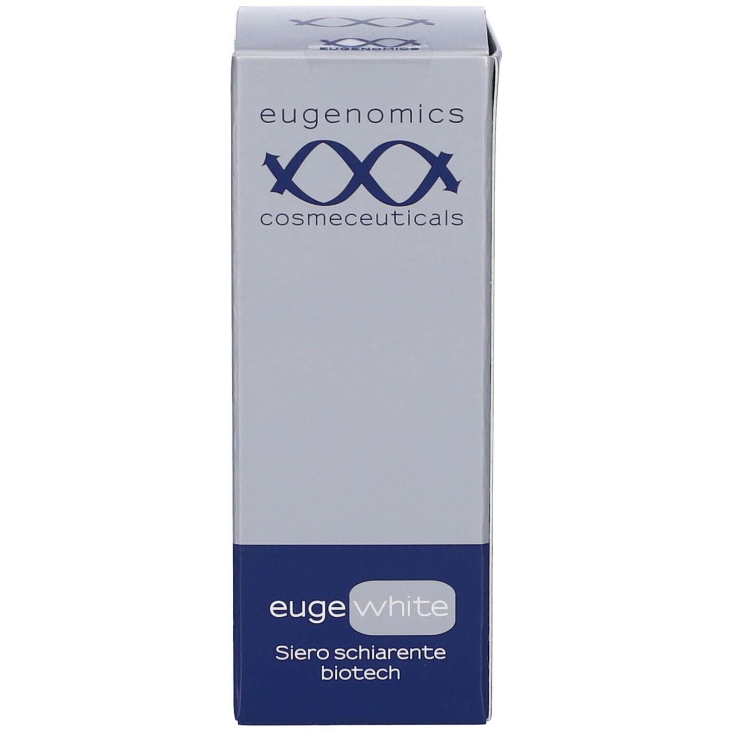 Scatola di Eugenomics Eugewhite Siero. Scritte: Eugenomics, cosmeceuticals, Eugewhite, Siero schiarente biotech.