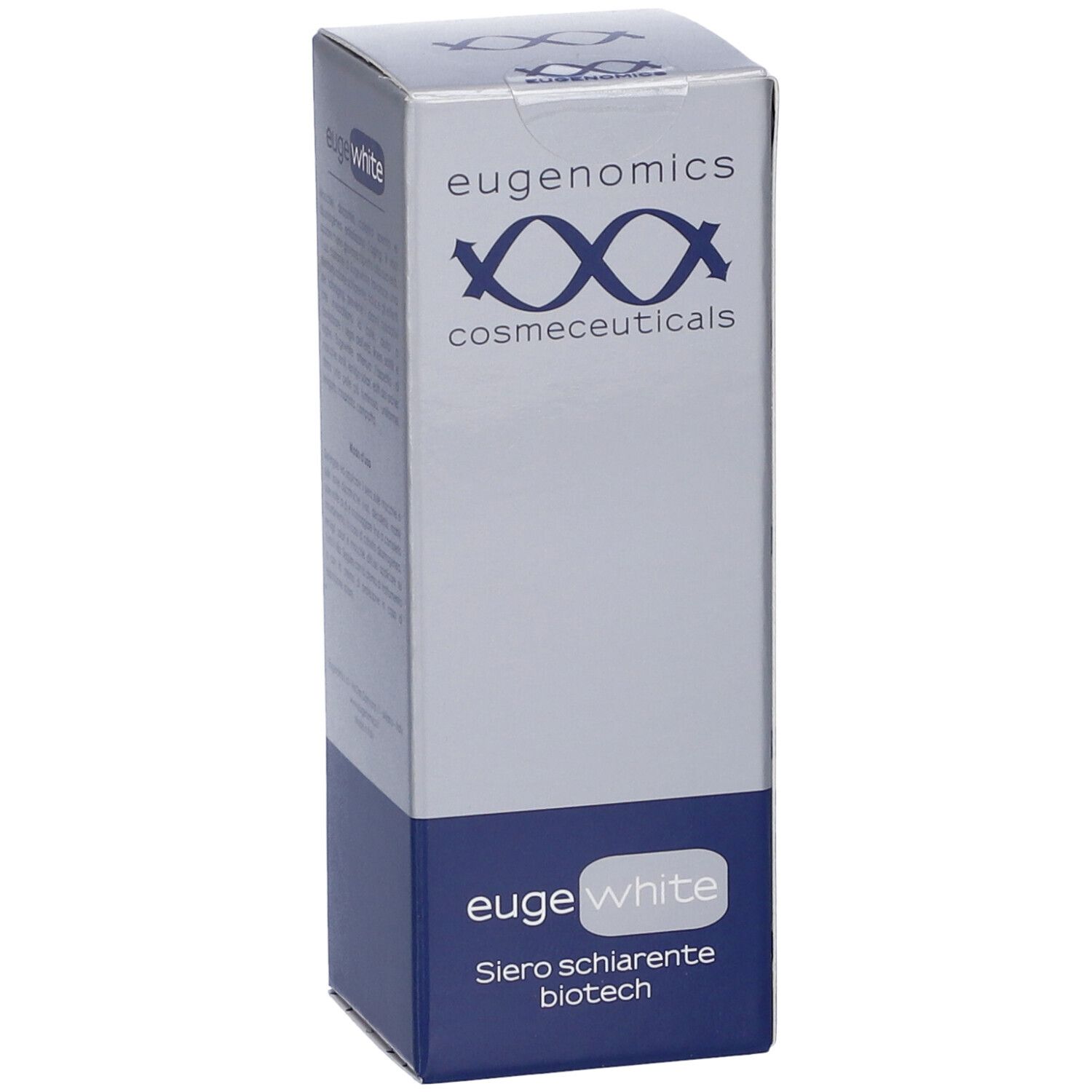 Scatola di Eugenomics Eugewhite Siero. Scritte: Eugenomics, cosmeceuticals, Eugewhite, Siero schiarente biotech.