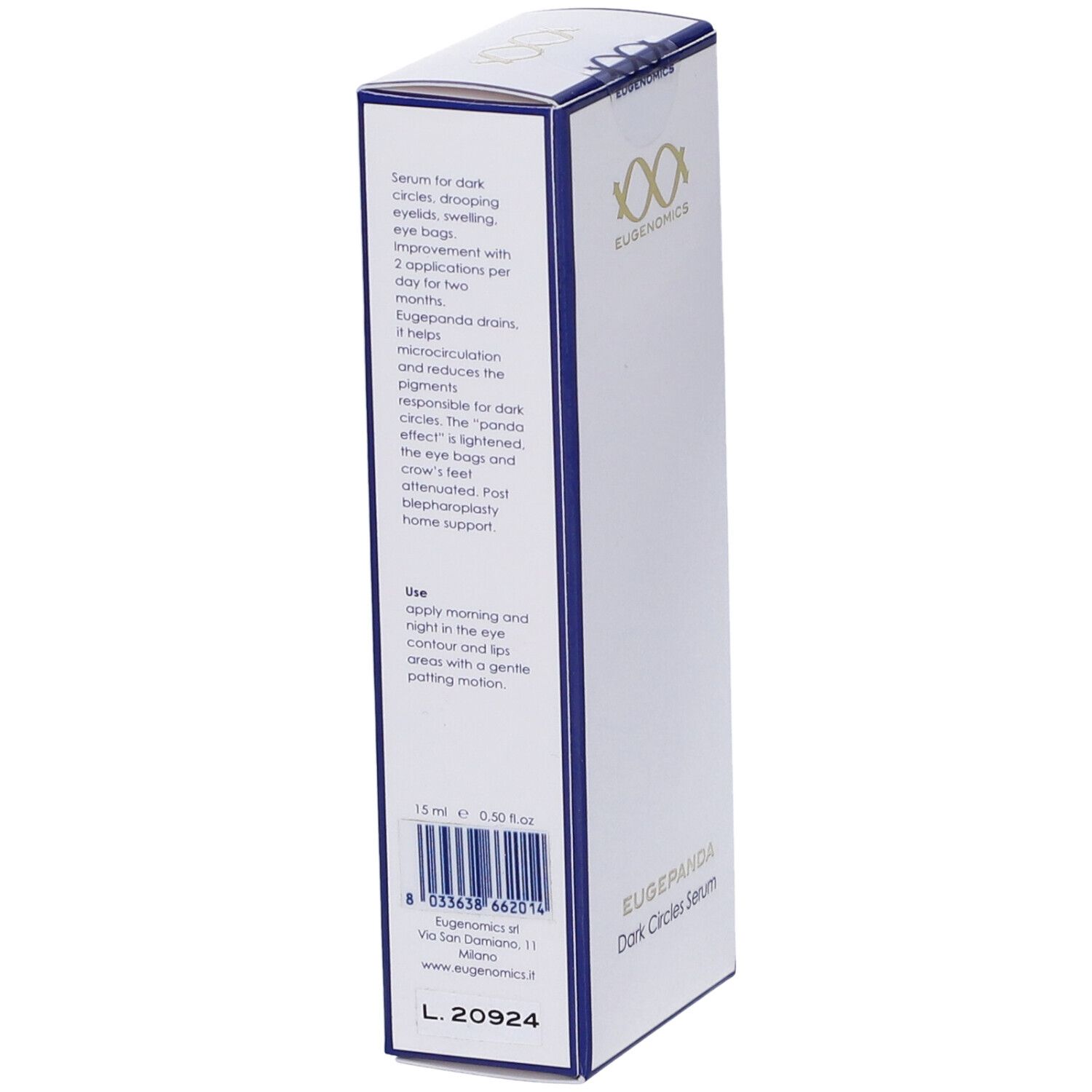 Confezione con testo. Visibili "EUGENOMICS" e "EUGEPANDA Dark Circles Serum". Codice a barre e informazioni.