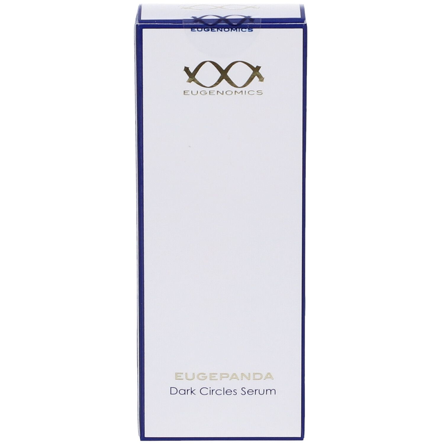 Confezione bianca con dettagli blu e oro. Logo "EUGENOMICS" e "EUGEPANDA Dark Circles Serum".