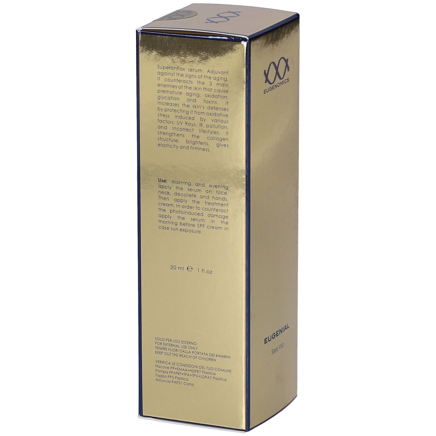 Retro della scatola dorata. Testo in inglese. Nome prodotto: EUGENIAL. Marchio: Eugenomics. Volume: 30 ml.