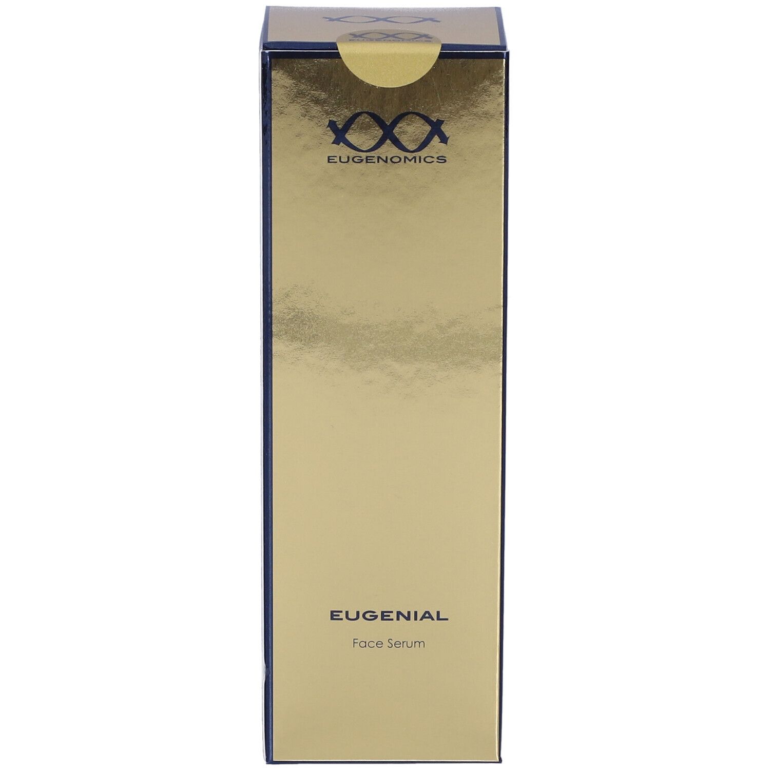 Scatola dorata con logo e nome del prodotto. Scritto: EUGENIAL Face Serum. Marchio: Eugenomics.