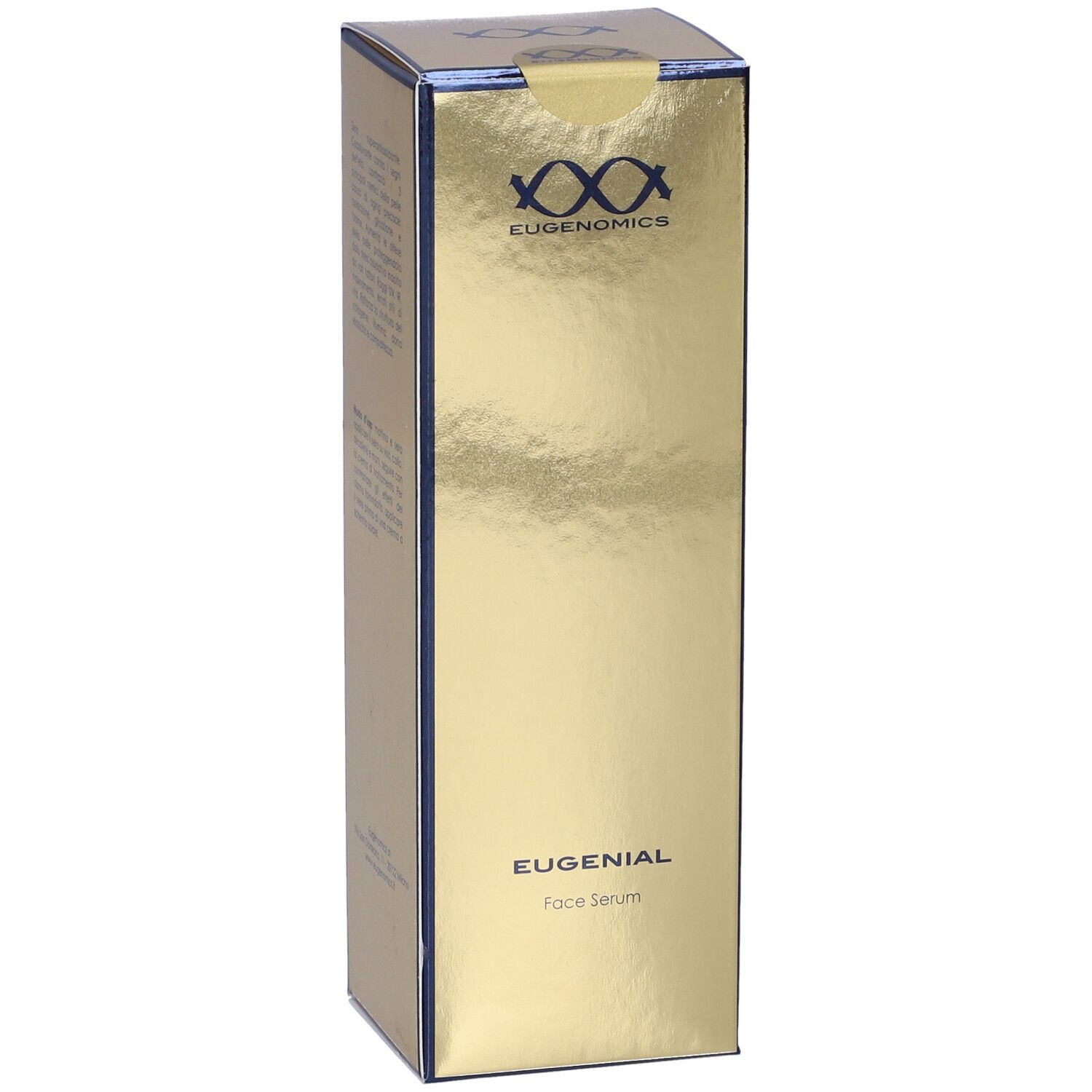 Scatola dorata con logo e nome del prodotto. Scritto: EUGENIAL Face Serum. Marchio: Eugenomics.