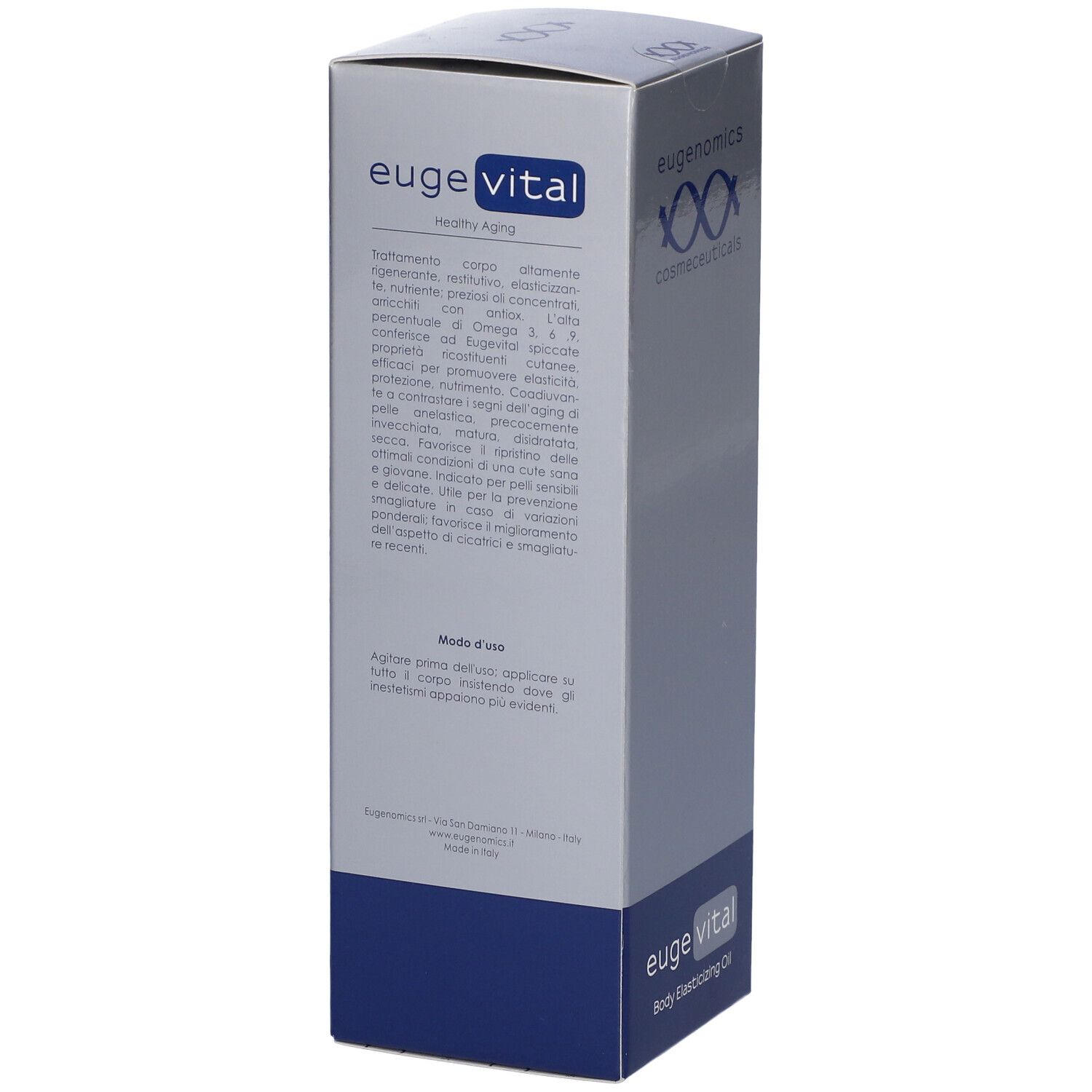 Scatola "euge vital". Testo in italiano. "eugenomics cosmeceuticals" in alto. Confezione blu e bianca.