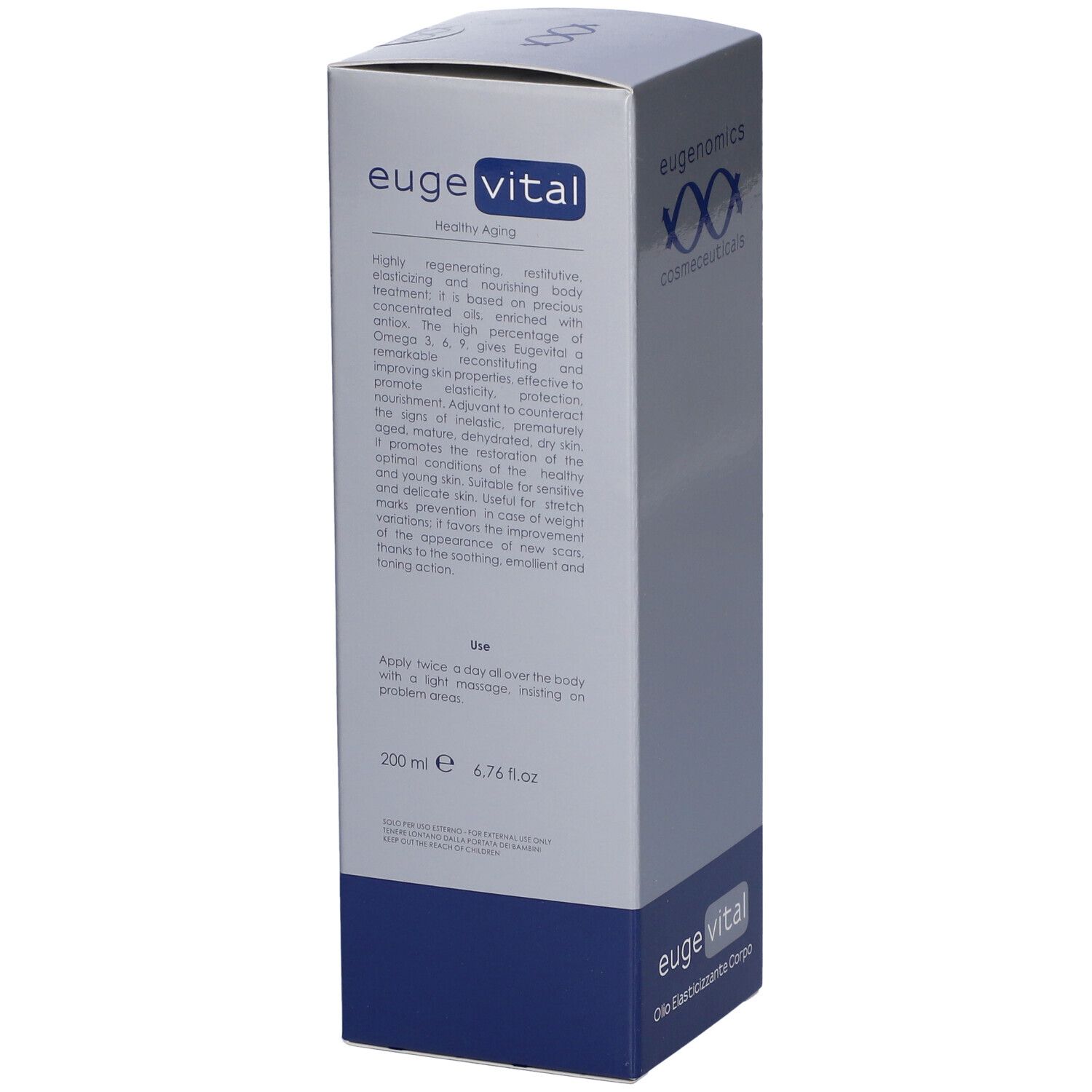 Scatola "euge vital". Testo in italiano. "eugenomics cosmeceuticals" in alto. 200 ml. Confezione blu e bianca.