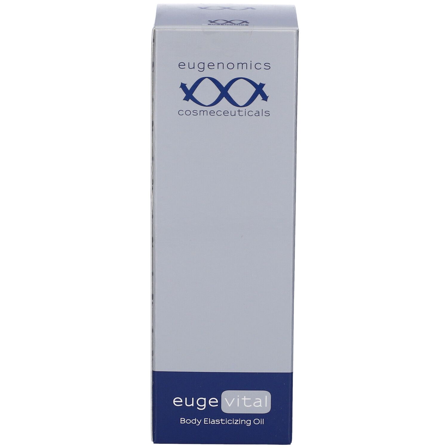Scatola "euge vital Body Elasticizing Oil". "eugenomics cosmeceuticals" in alto. Confezione blu e bianca.