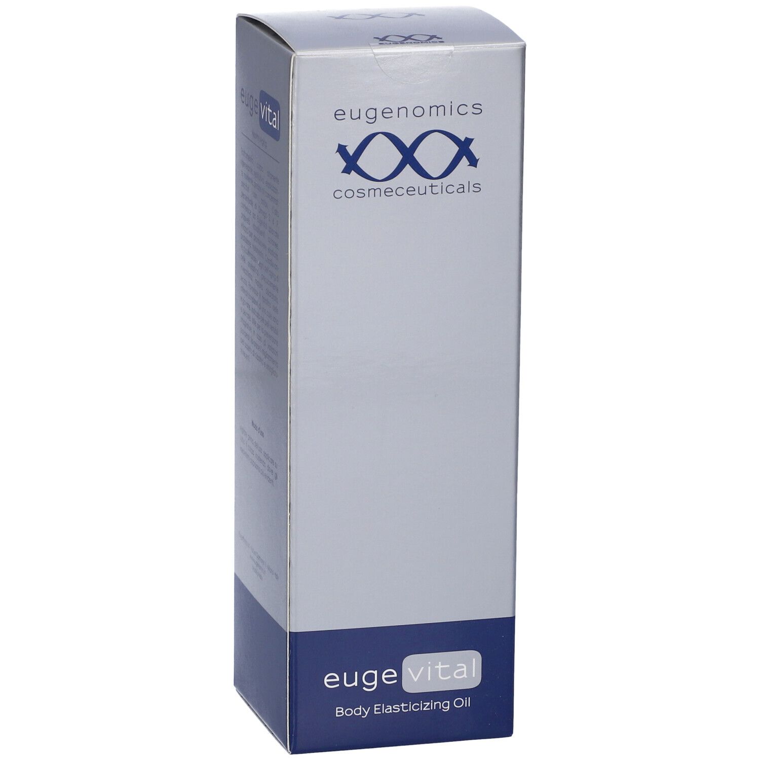 Scatola "euge vital Body Elasticizing Oil". "eugenomics cosmeceuticals" in alto. Confezione blu e bianca.