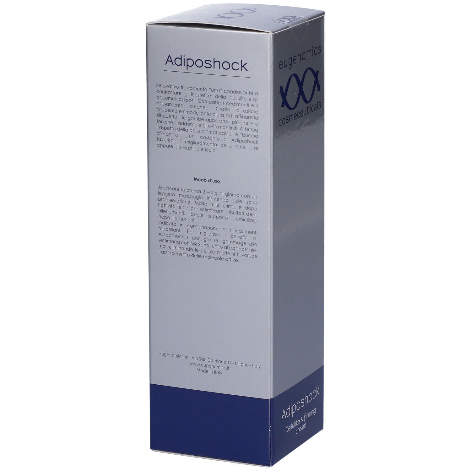 Confezione Adiposhock. Testo e logo Eugenomics. Design blu e argento.