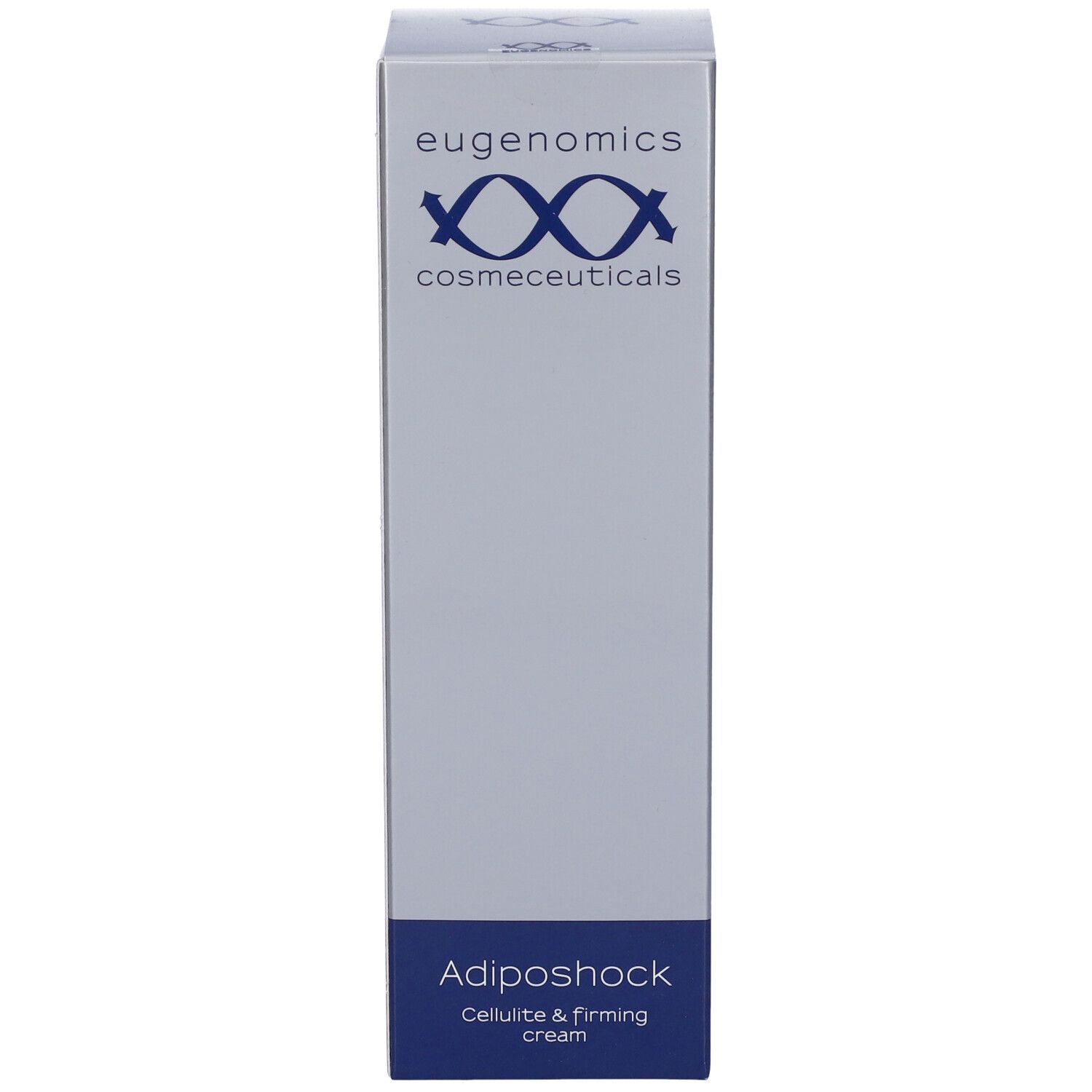 Confezione Adiposhock. Testo e logo Eugenomics. Design blu e argento.