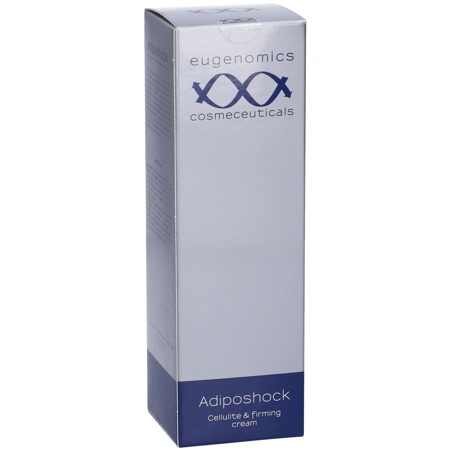 Confezione Adiposhock. Testo e logo Eugenomics. Design blu e argento.