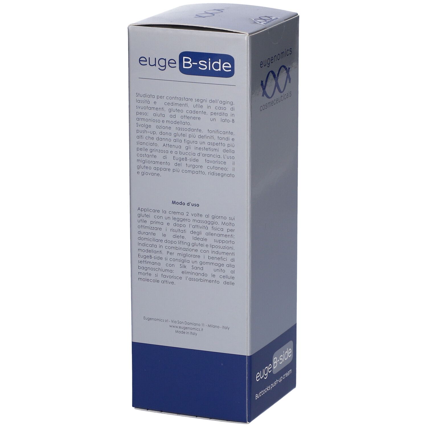 Confezione euge B-side. Testo in italiano. Logo Eugenomics. Combinazione di colori blu e grigio. Testo: Buttox push-up cream.