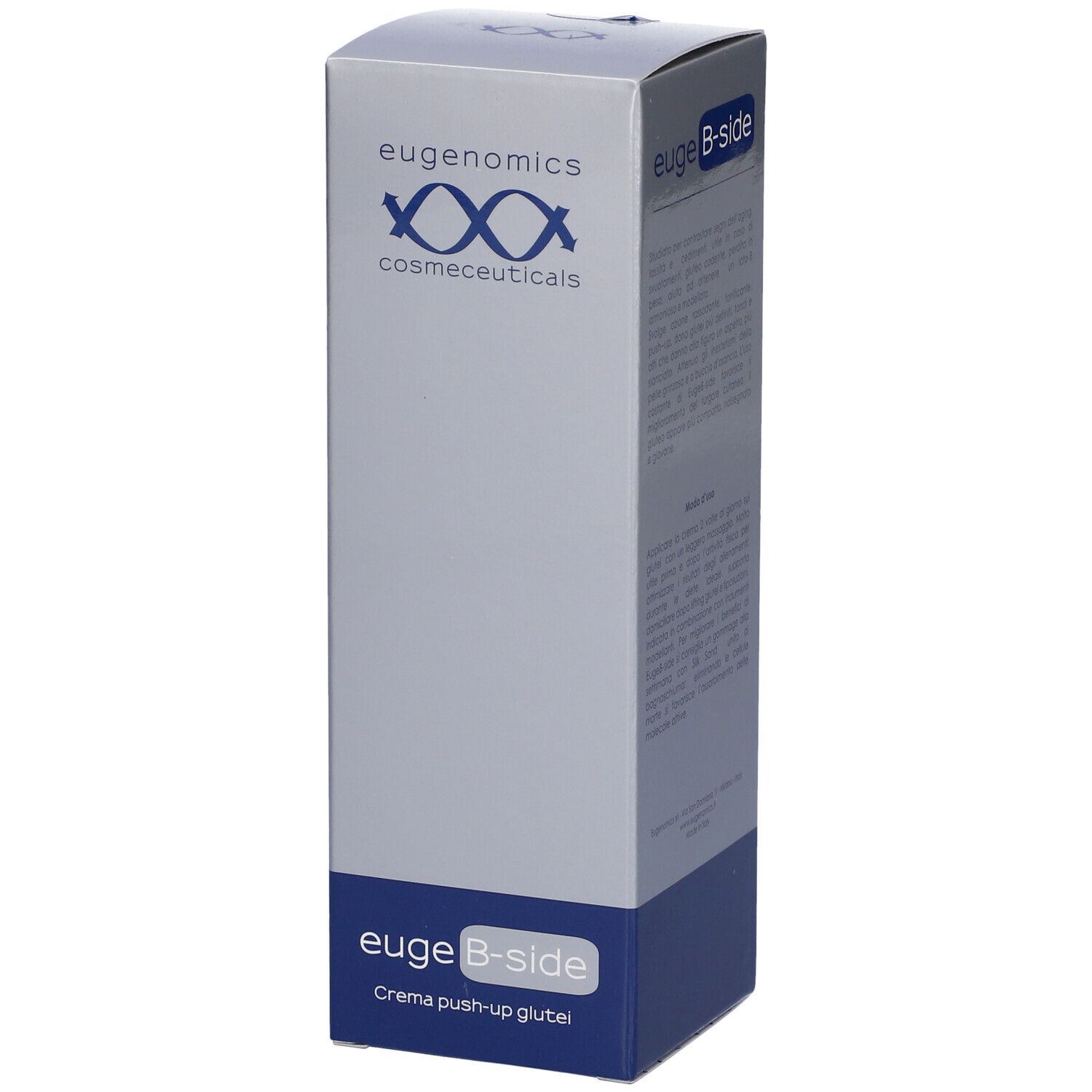 Confezione euge B-side. Logo Eugenomics. Combinazione di colori blu e grigio. Testo: Crema push-up glutei.