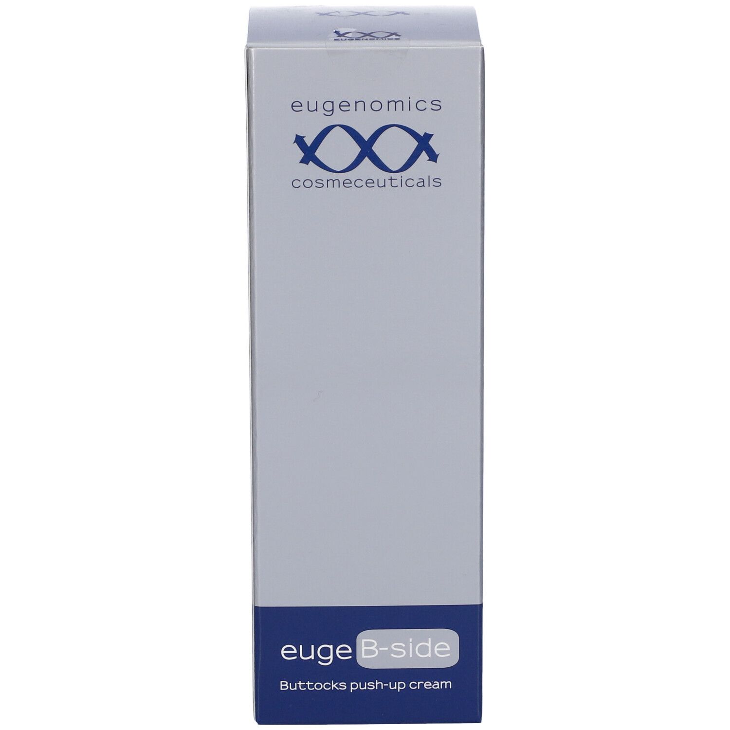 Confezione euge B-side. Logo Eugenomics. Combinazione di colori blu e grigio. Testo: Buttox push-up cream.