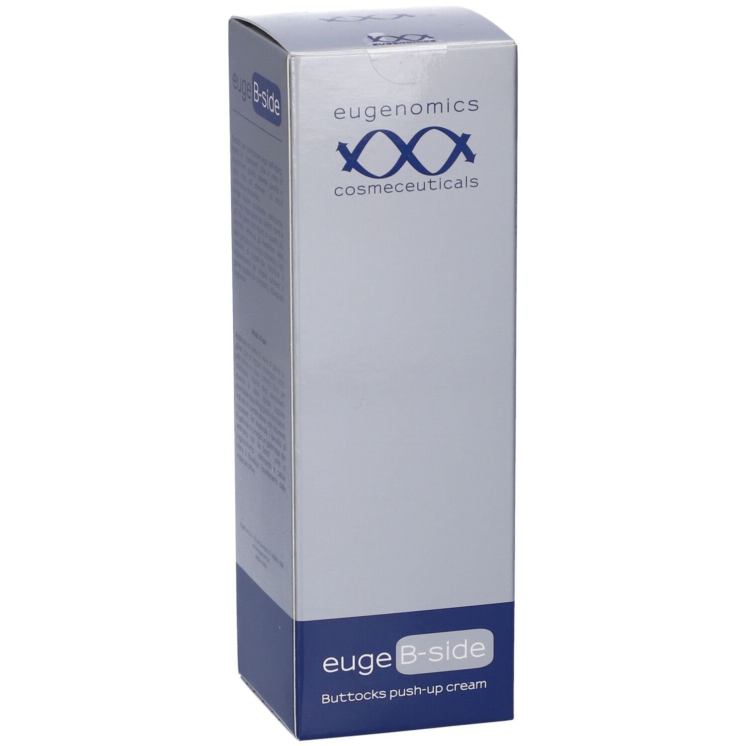 Confezione euge B-side. Logo Eugenomics. Combinazione di colori blu e grigio. Testo: Buttox push-up cream.