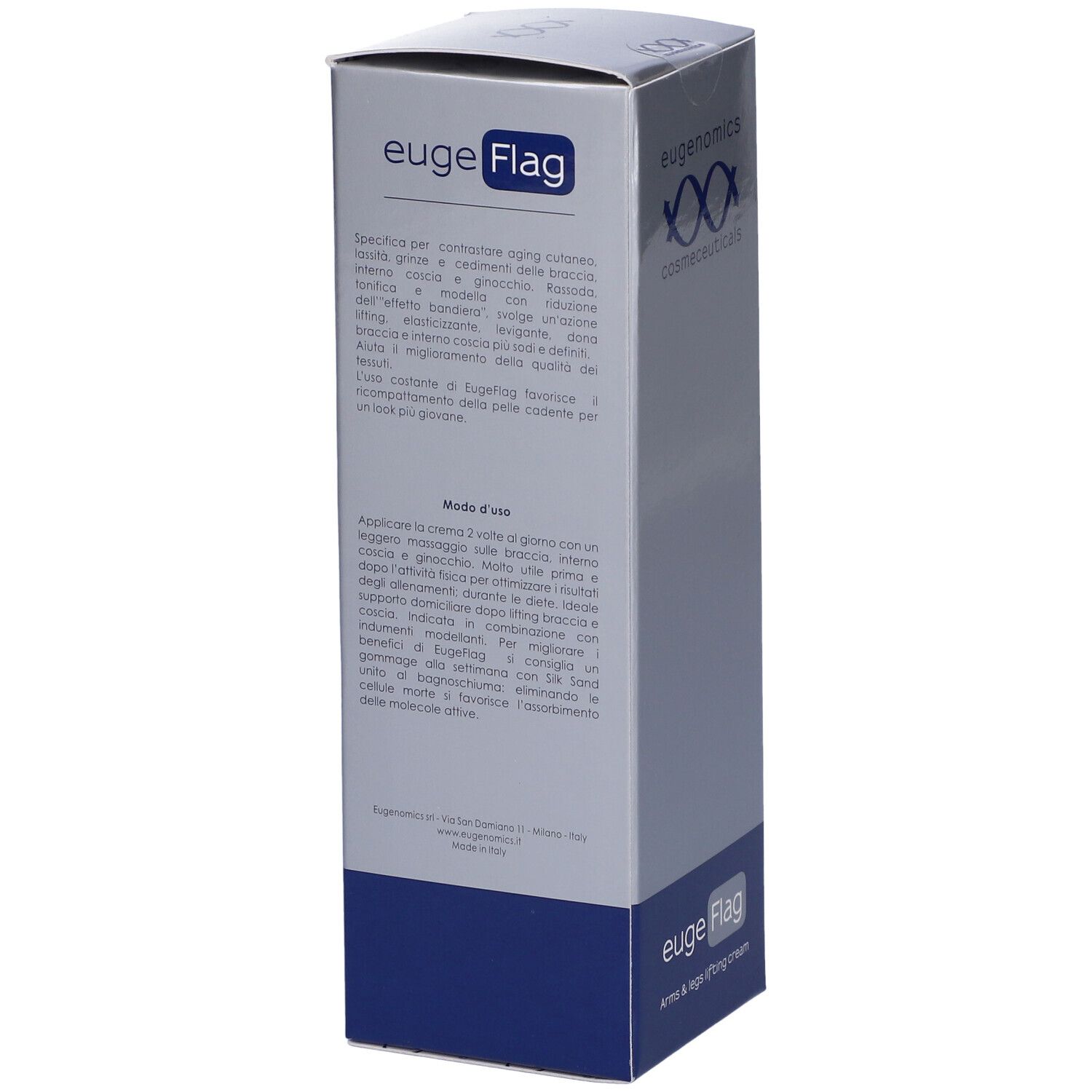Confezione euge Flag. Testo in italiano. Scritta: Eugenomics, cosmeceuticals. Colori: blu e grigio.