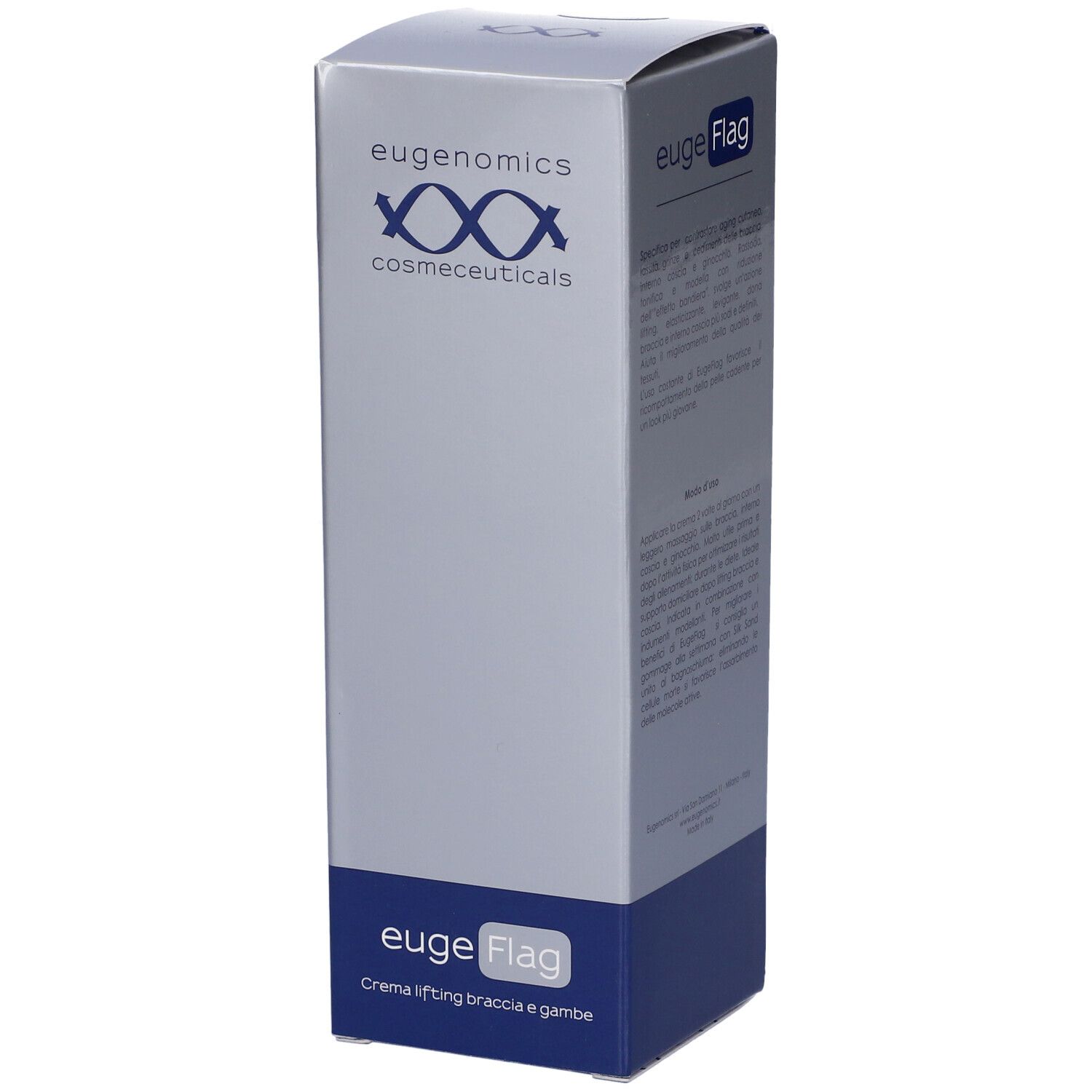Confezione euge Flag. Scritta: Eugenomics, cosmeceuticals. Colori: blu e grigio. Testo: Arms & legs lifting cream.