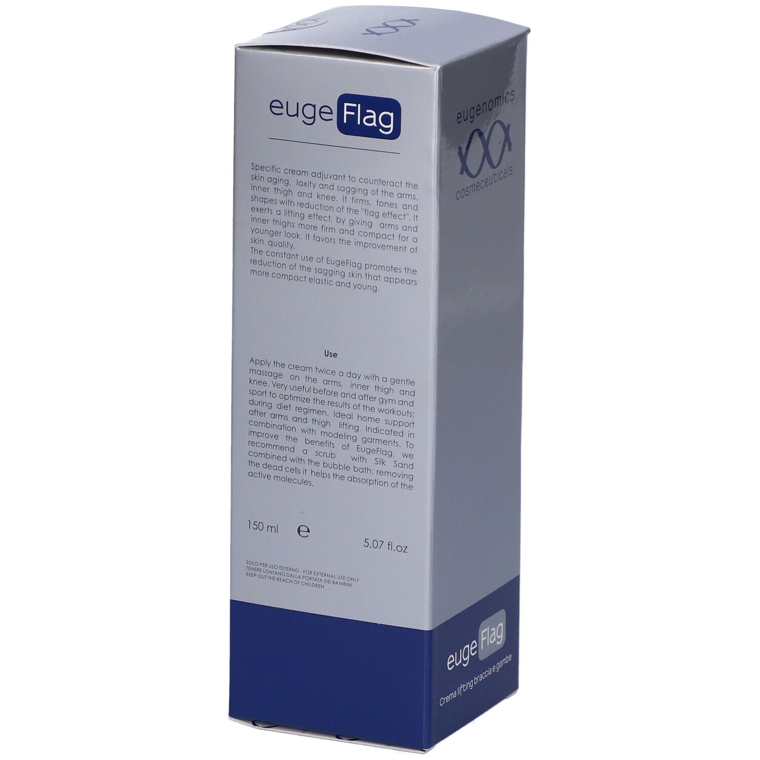 Confezione euge Flag. Testo in inglese. Scritta: Eugenomics, cosmeceuticals. Colori: blu e grigio.