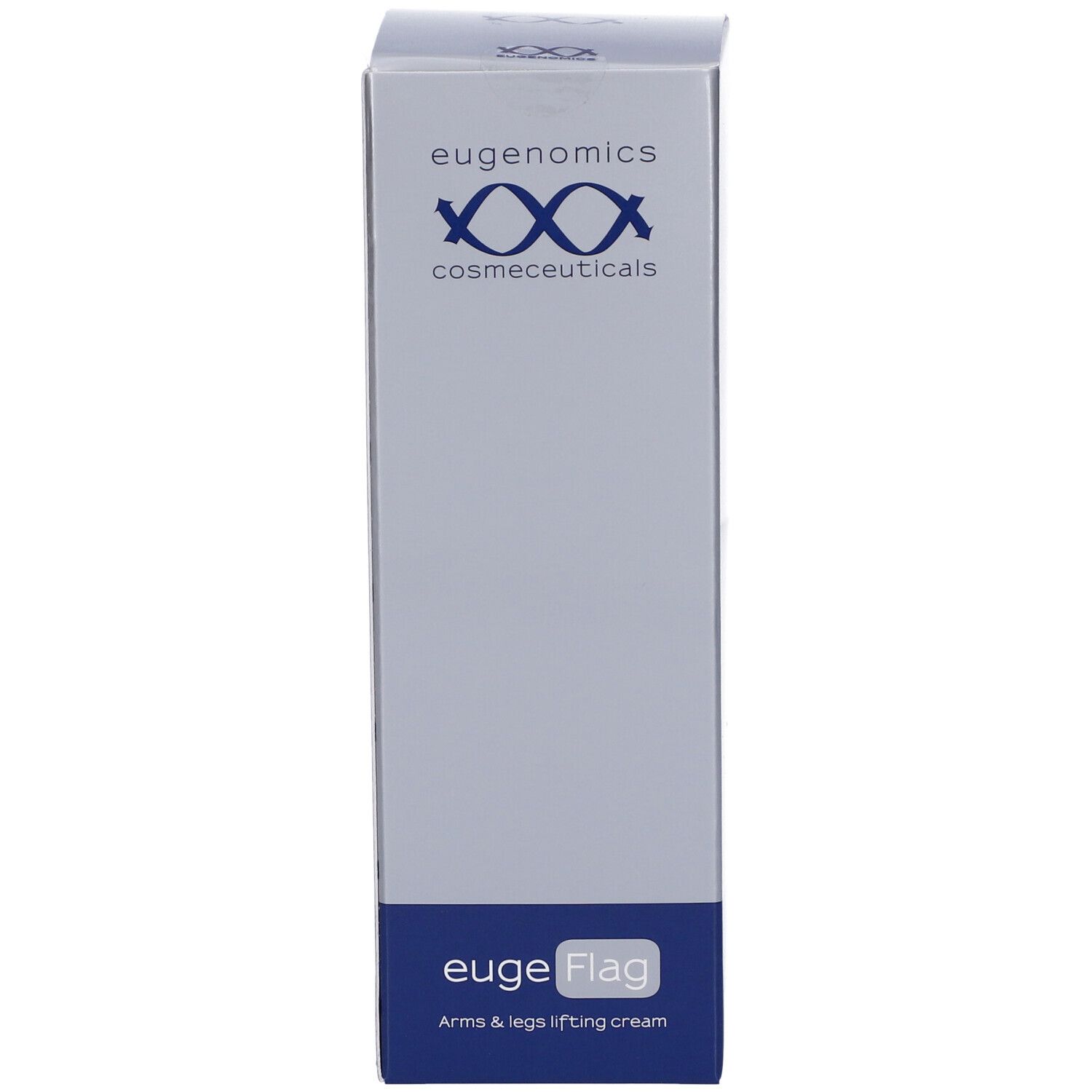 Confezione euge Flag. Scritta: Eugenomics, cosmeceuticals. Colori: blu e grigio. Testo: Arms & legs lifting cream.