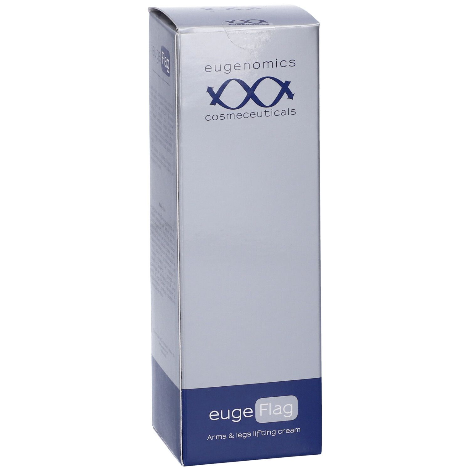 Confezione euge Flag. Scritta: Eugenomics, cosmeceuticals. Colori: blu e grigio. Testo: Arms & legs lifting cream.